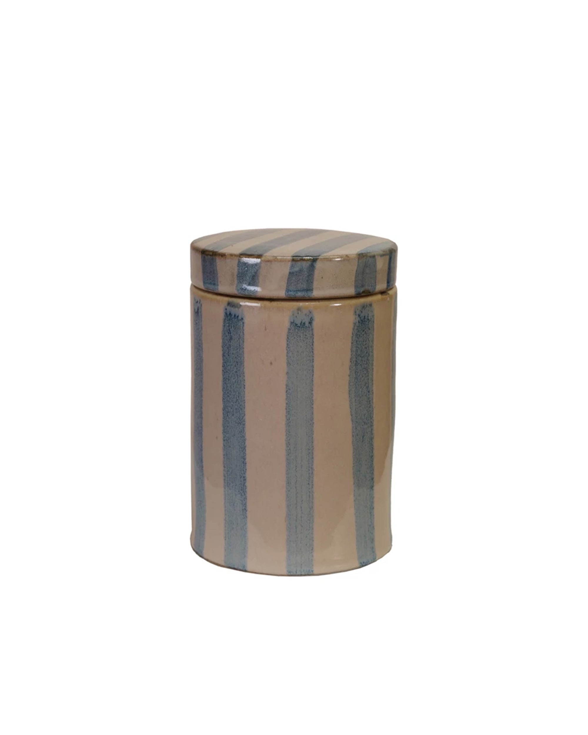 The Creative Co-op DG0663 Striped Jar with Lid is a hand-painted stoneware jar featuring vertical blue and beige stripes for a classic look.