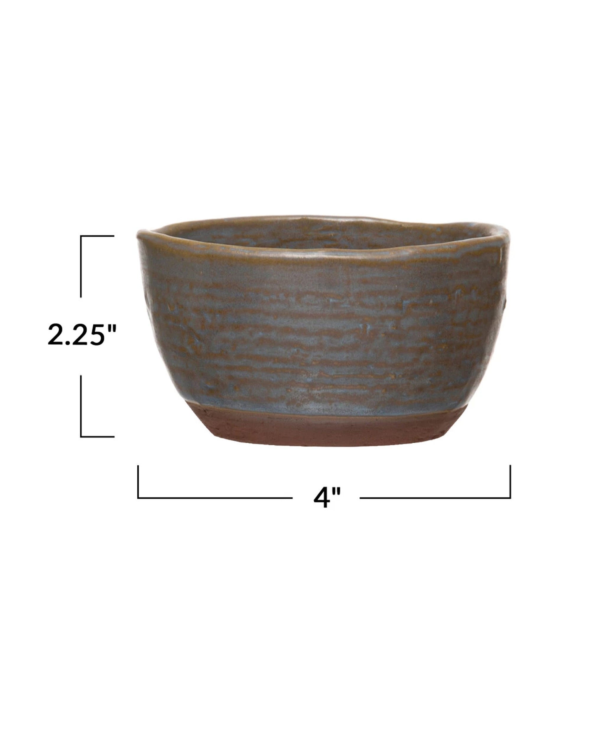 The Creative Co-op Stoneware Bowl is small, round, and textured with a brownish-gray finish. This decorative bowl measures 2.25" tall by 4" wide, with dimension lines labeled on the image.