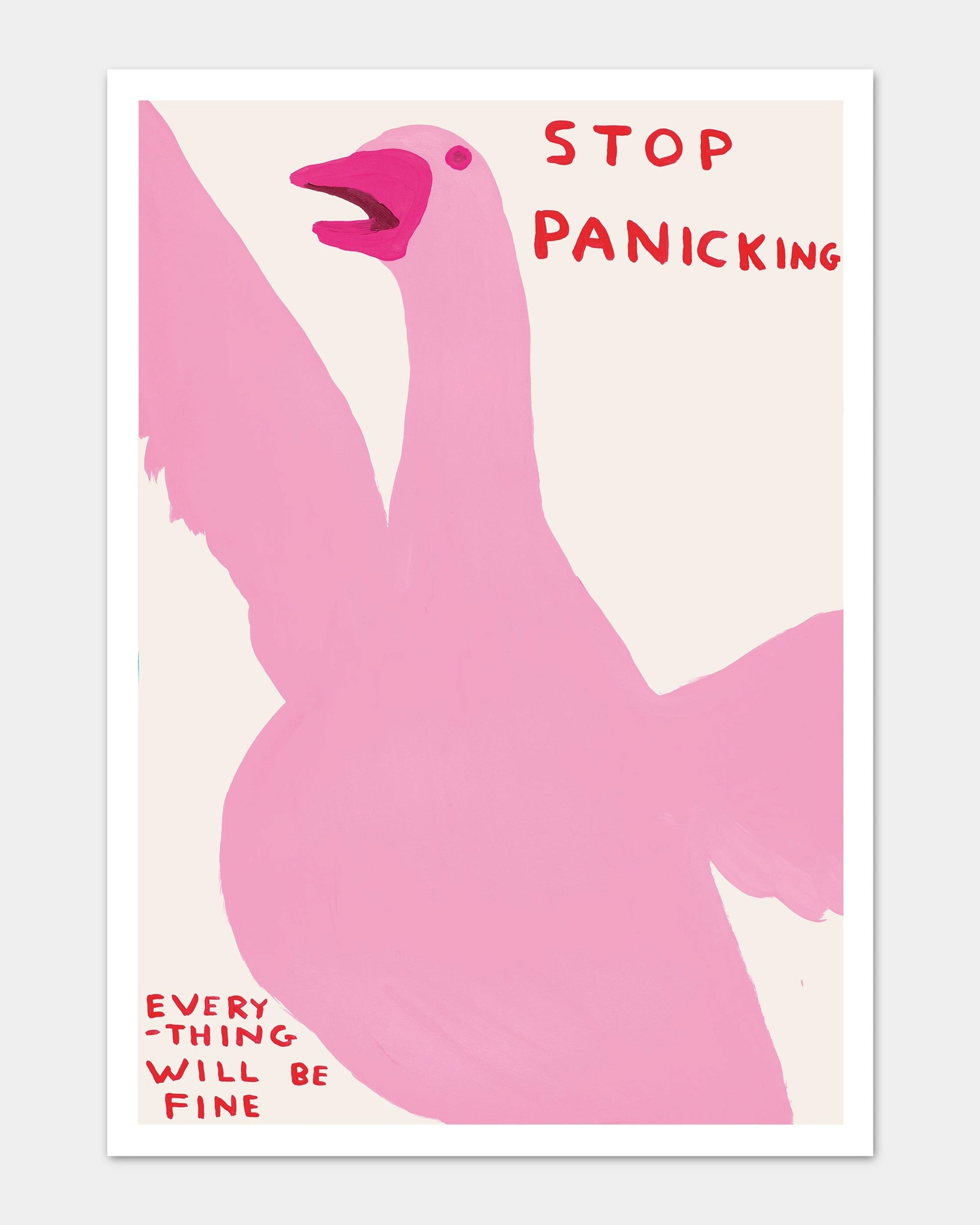 The "Stop Panicking" greetings card by Faire features a pink goose with raised wings and red text saying "STOP PANICKING" above, plus "EVERYTHING WILL BE FINE." in the corner. The playful design appears on a light, neutral background.