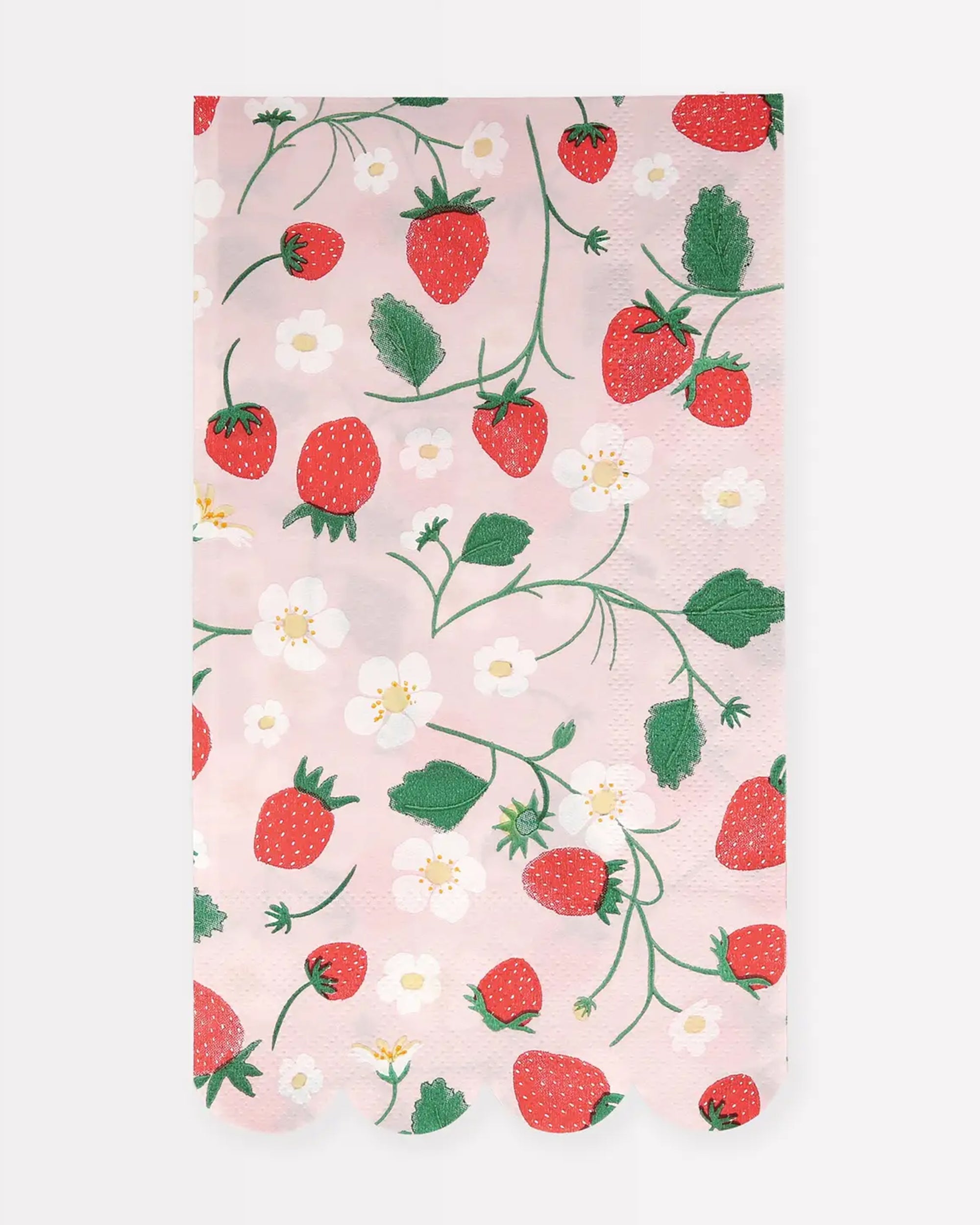 The Faire Strawberry Guest Towels feature a pink scalloped edge with red strawberries, green leaves, and white flowers—perfect for garden party decor.