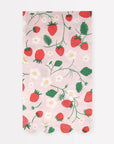 The Faire Strawberry Guest Towels feature a pink scalloped edge with red strawberries, green leaves, and white flowers—perfect for garden party decor.