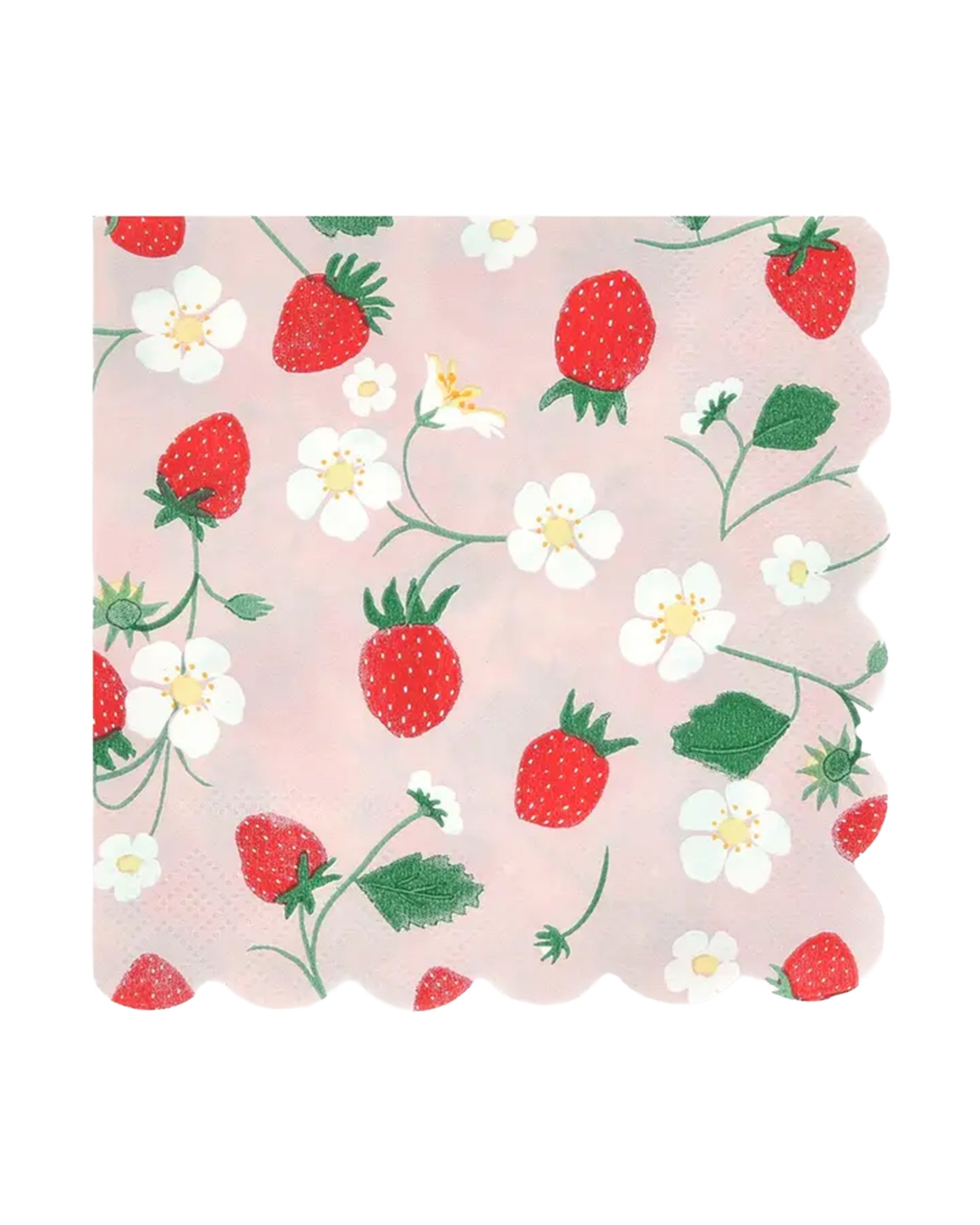 Faire’s Strawberry Napkins feature pink scalloped edges accented with red strawberries, green leaves, and white blossoms—perfect paper napkins to add a fresh touch to any garden party.