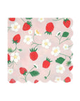 Faire’s Strawberry Napkins feature pink scalloped edges accented with red strawberries, green leaves, and white blossoms—perfect paper napkins to add a fresh touch to any garden party.