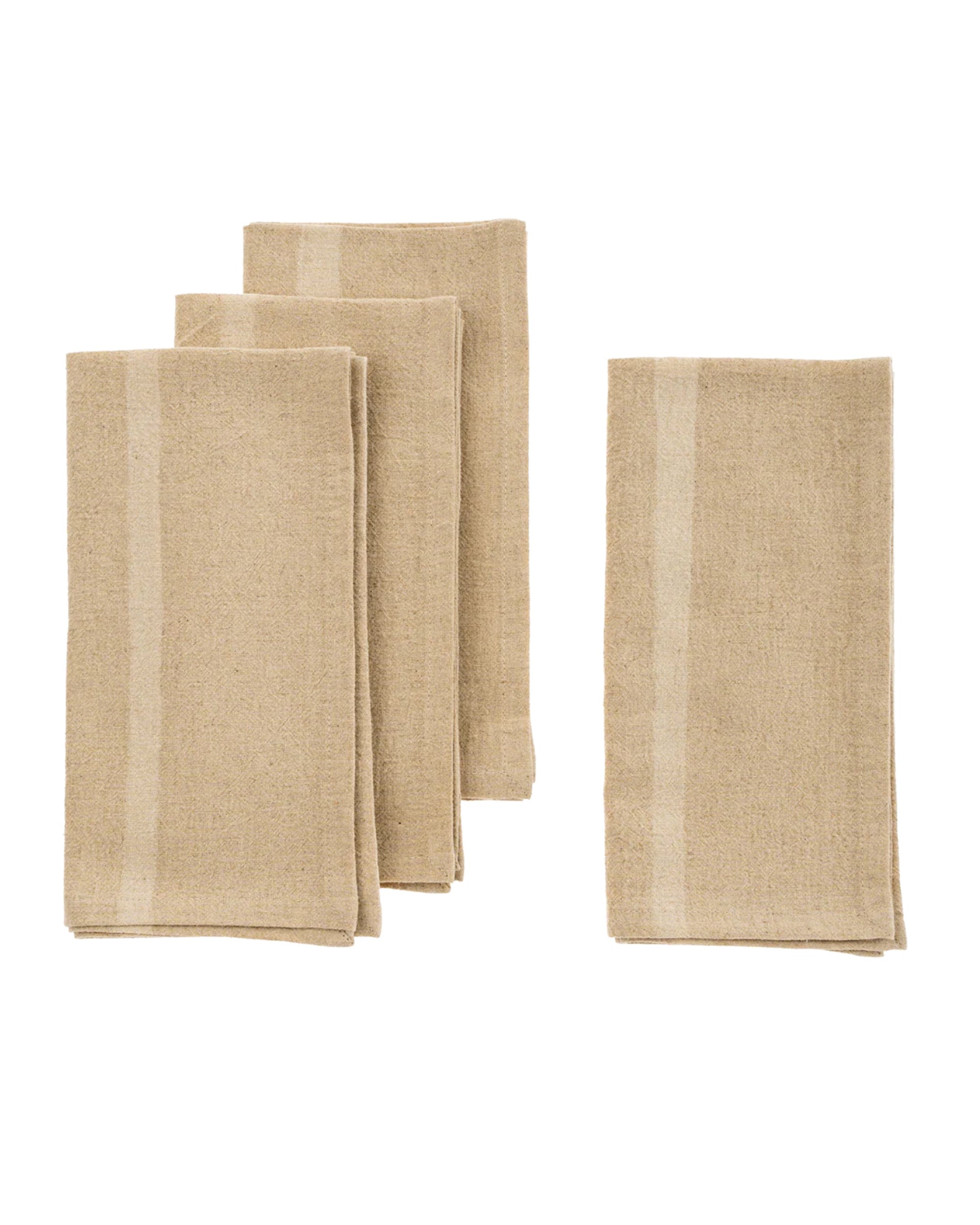The Indaba 4-7122 Stripe Resist Napkins S/4 features four neatly folded beige linen napkins with a subtle vertical stripe, arranged in two stacks against a white background—an elegant table linen choice for any dining setting.