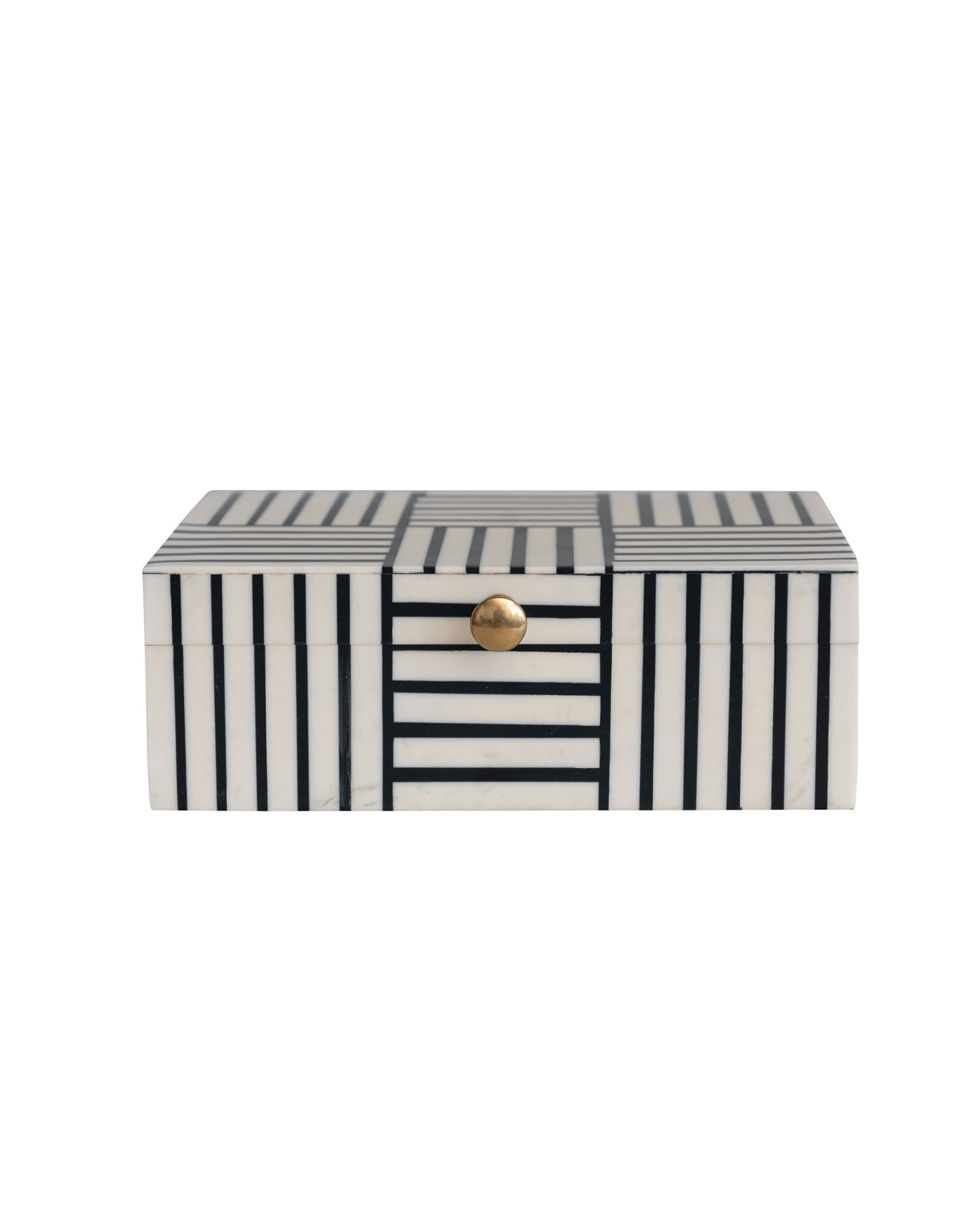 The Bloomingville Resin Box Striped Pattern features a black and white geometric design with a round gold knob, ideal for stylish jewelry storage.