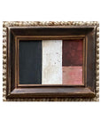 The STRIPES Framed Art by Tak Design features four blocks of black, white, dark red, and pale pink on a textured neutral background. Hand painted by a local artist, it adds a unique touch to any space.
