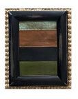 The STRIPES Framed Art by Tak Design features a black vintage frame with multicolored stripes, showcasing hand-painted artwork by a local artist.