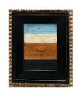 STRIPES Framed Art by Tak Design features four hand-painted horizontal stripes—blue, off-white, brown, and black. Set in a thick black frame over a textured woven mat, this abstract piece is crafted by a local artist.