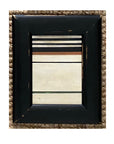 The STRIPES Framed Art by Tak Design features hand-painted black, white, beige, and tan horizontal stripes in a distressed black vintage frame, displayed on a woven textured background.