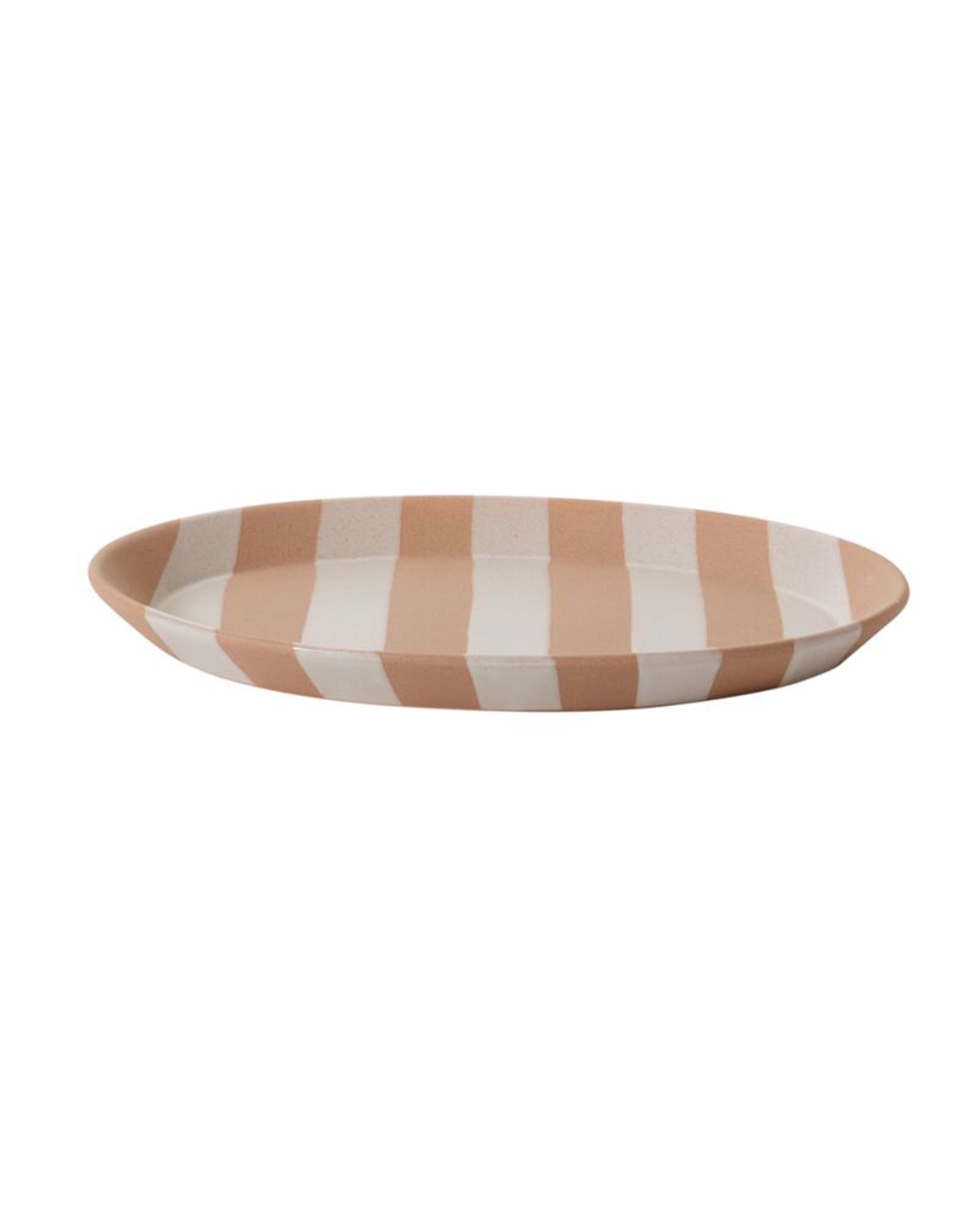 The Accent Decor 50423 Botera Platter is a shallow, oval ceramic serving dish with alternating wide beige and white stripes, a smooth matte finish, and minimalist design.