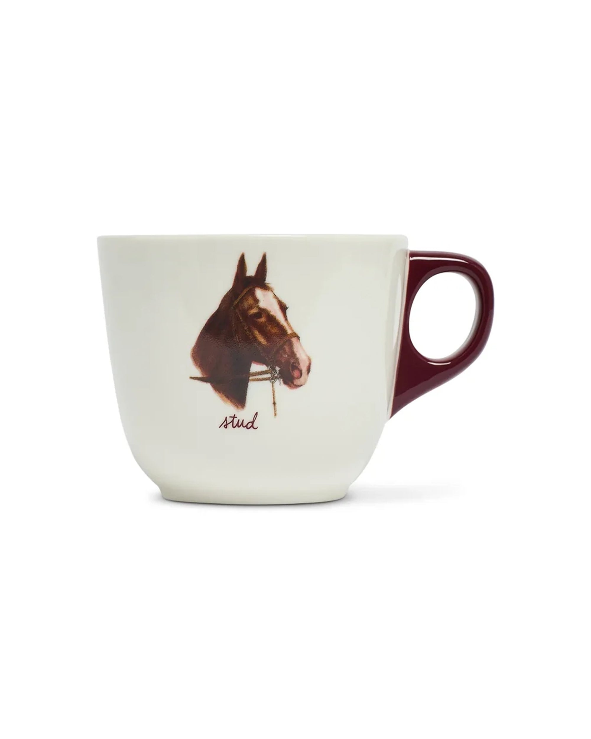 White mug with horse head, red handle; Fishes Eddy All in the Family Stud Mug in stoneware.