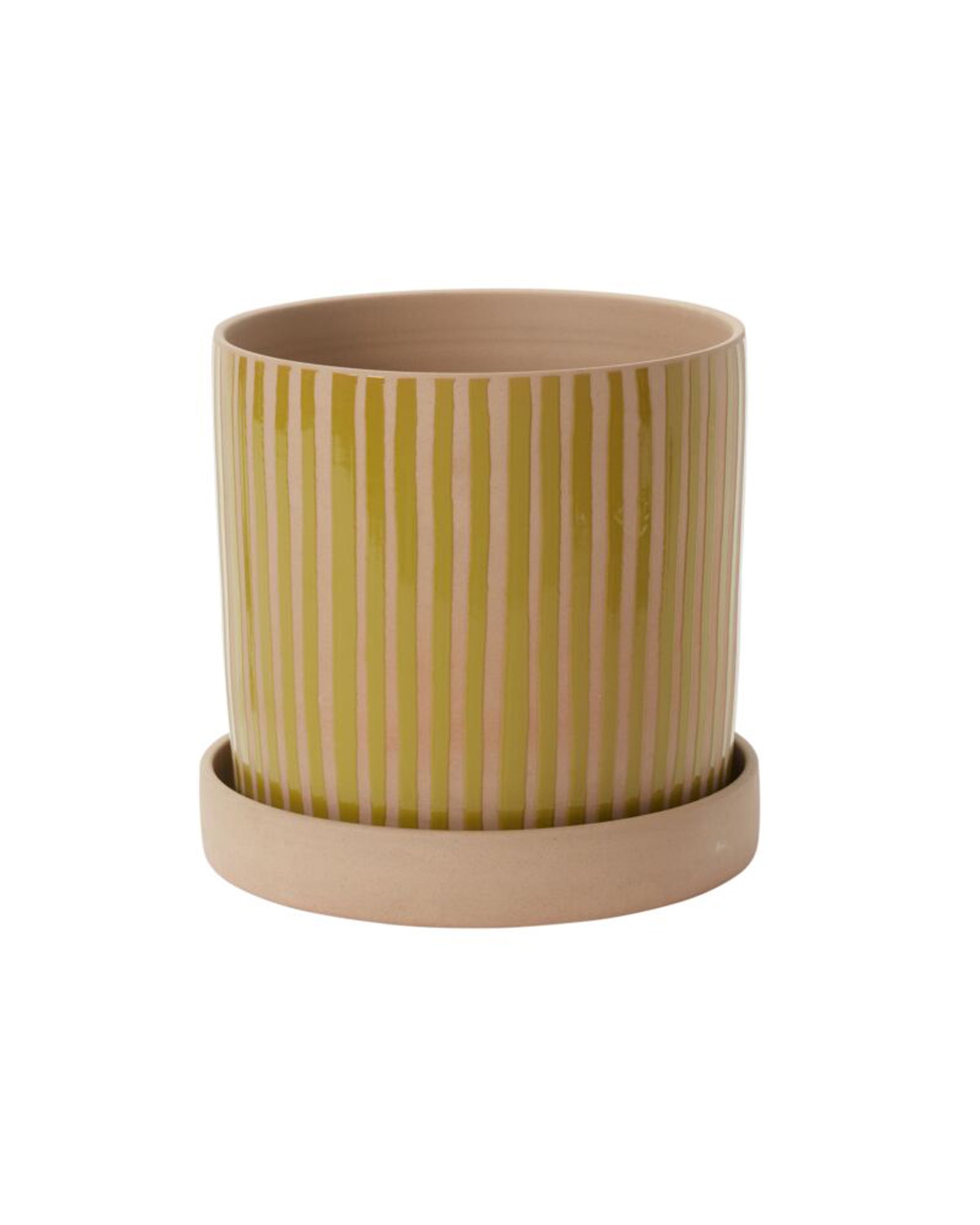 The Accent Decor Sullivan Pot w/Saucer L is a cylindrical ceramic planter with yellowish-green stripes and a matching natural bisque saucer, shown against a white background.
