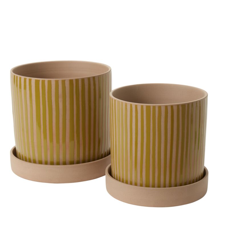 Accent Decor’s Sulllivan Pot & Saucer S features a simple, modern design with vertical yellow-green stripes on beige and includes a matching natural bisque saucer. One striped ceramic planter is larger and taller than the other.