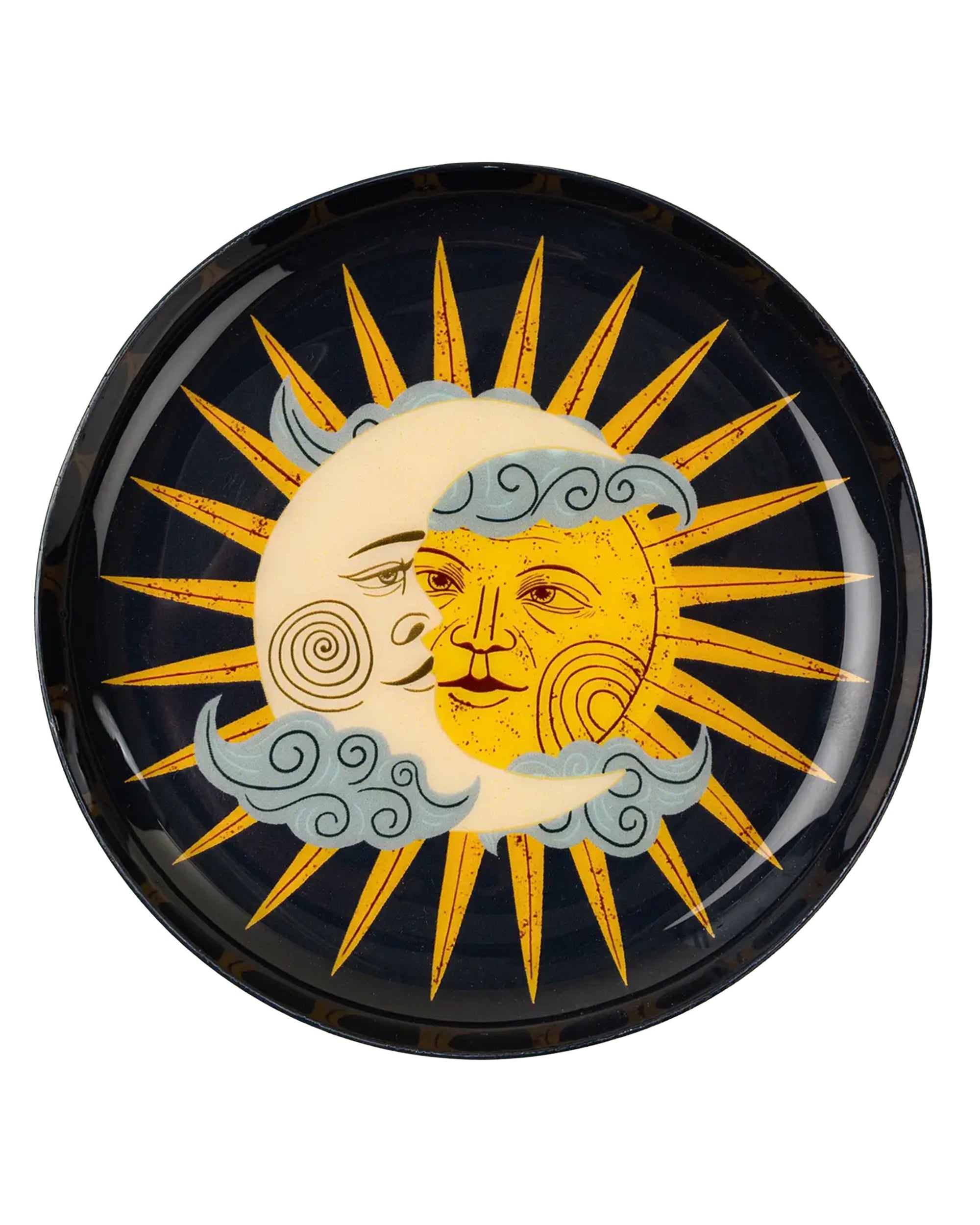The Sun and Moon Tray by Indaba is a decorative enameled catchall featuring artistic yellow sun and pale crescent moon faces, blue clouds, and orange rays on a dark background—perfect for adding charm to any space.