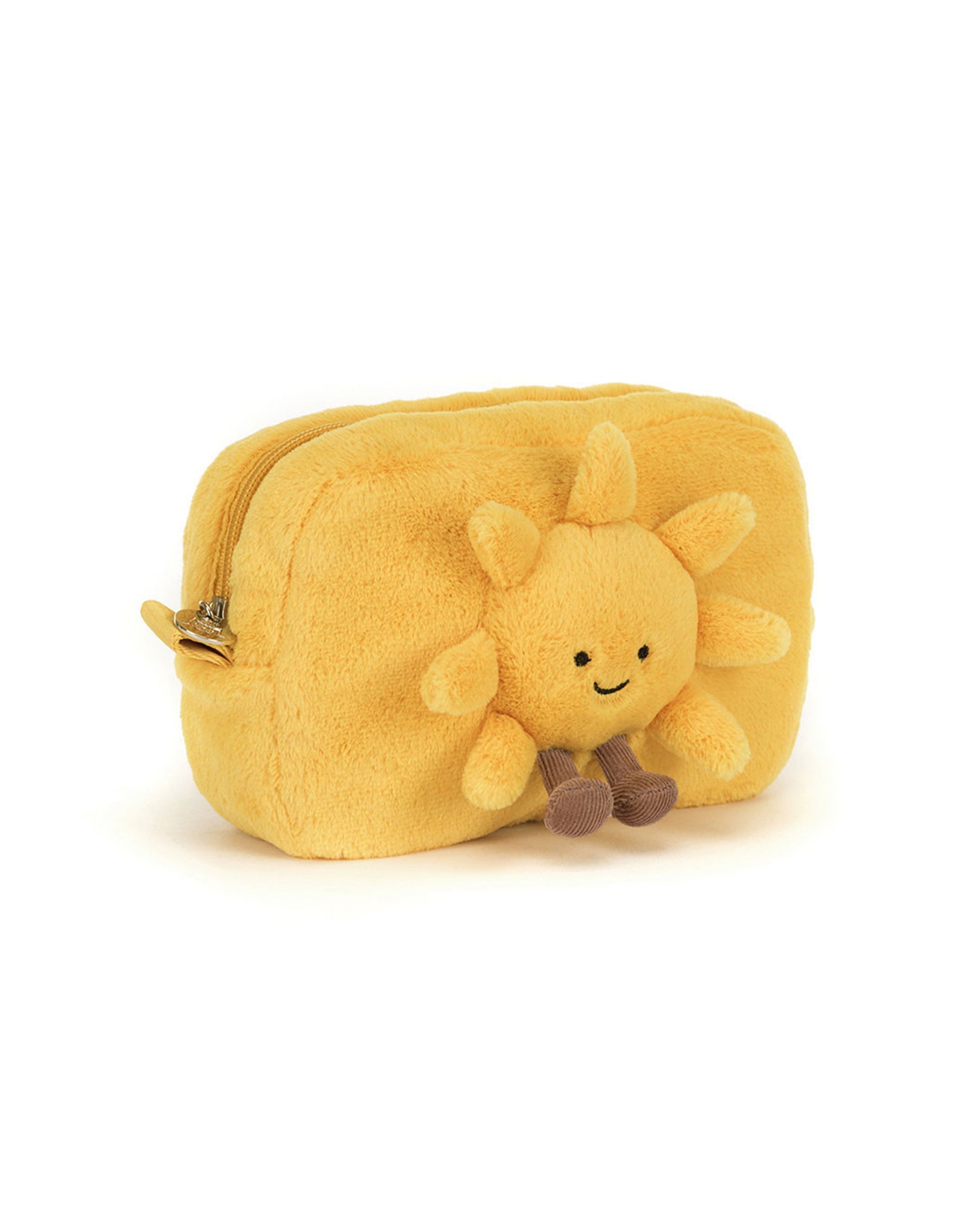 The Amuseables Sun Pouch by Jelly Cat Inc. is a yellow plush zippered pouch with a smiling sun face, cozy fur, fun rays, and small brown feet—bringing portable sunshine to your day.