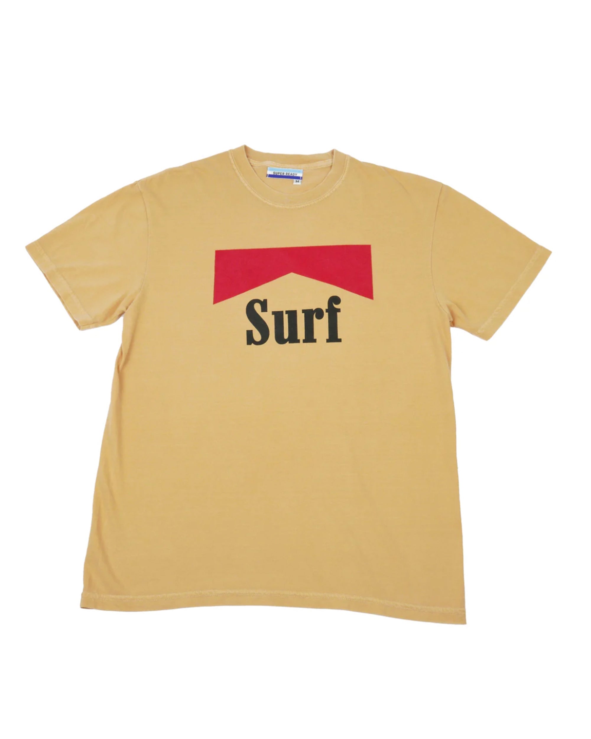 The SURF Tshirt by Hype Factory Inc. is a beige 100% cotton unisex tee featuring a red geometric shape above bold black "Surf" text on the front, displayed flat on a white background.