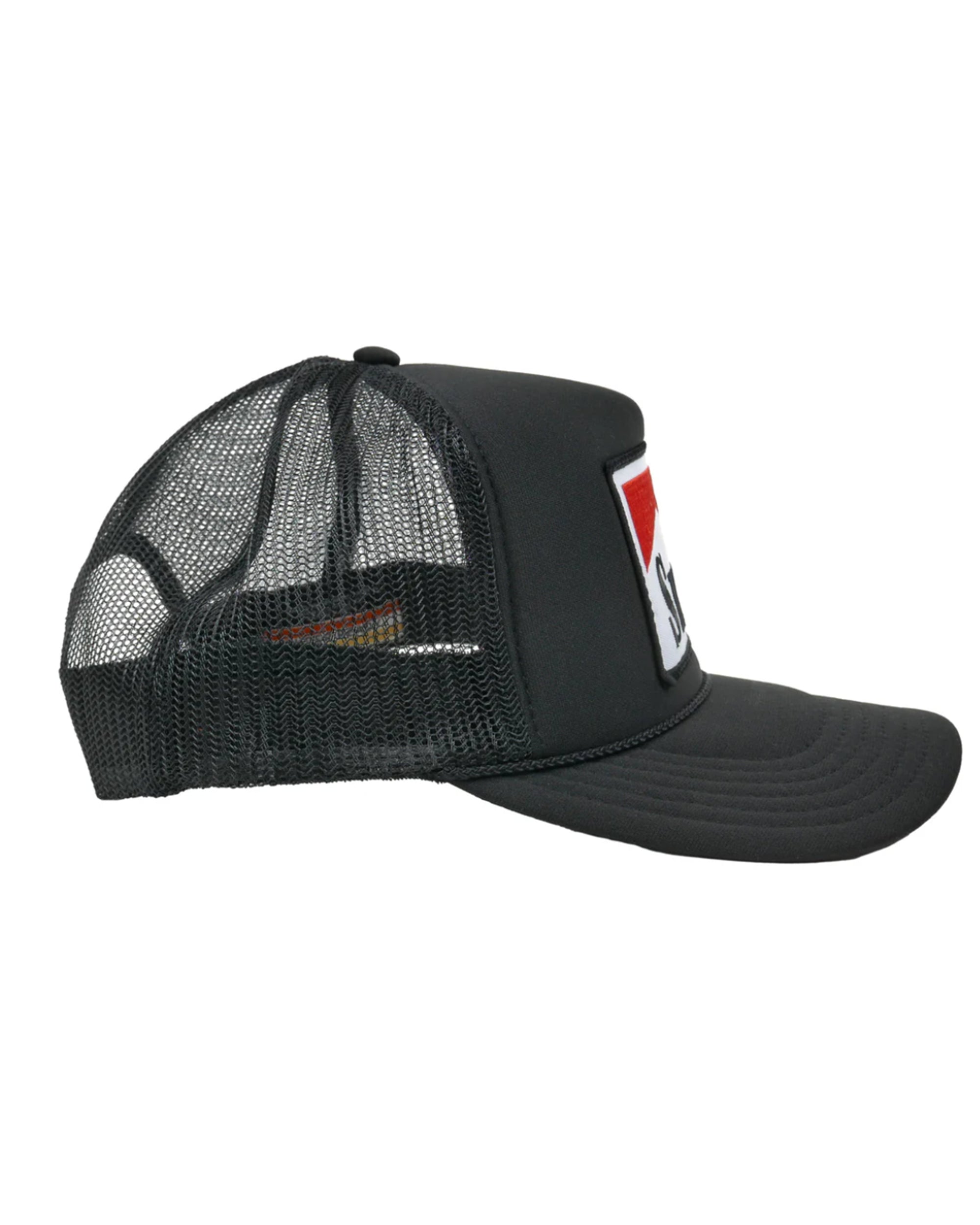 The SURF Trucker Hat by Hype Factory Inc. is a black mesh cap with a flat bill and an embroidered red and white rectangular patch up front. Its side view shows the breathable mesh and adjustable fit for all-day comfort.