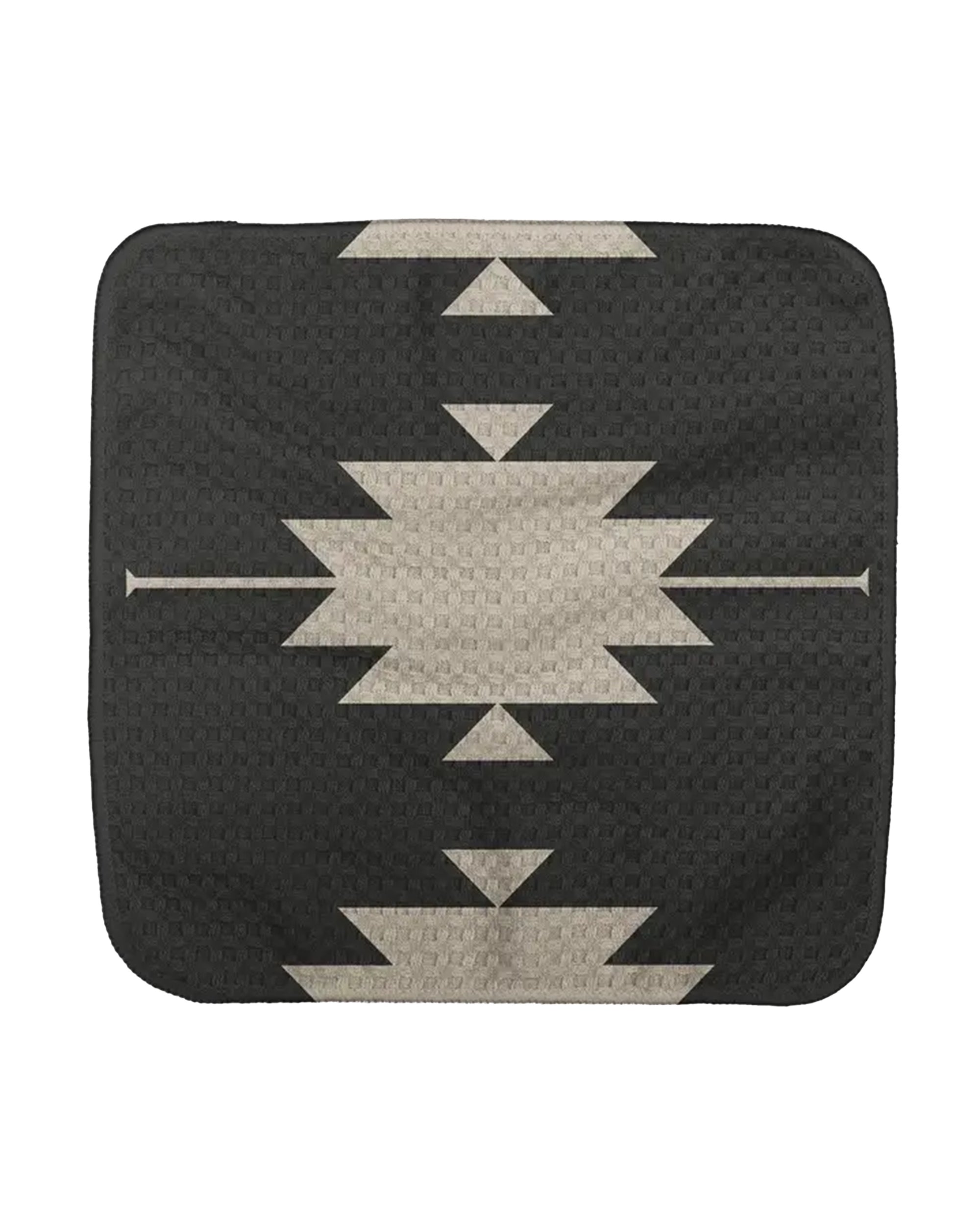 The SW Gray Dishcloth by Faire is a rectangular, gray mat made from EcoLoom fabric, featuring a central geometric pattern with symmetrical triangles and diamond shapes in a southwestern-inspired style.