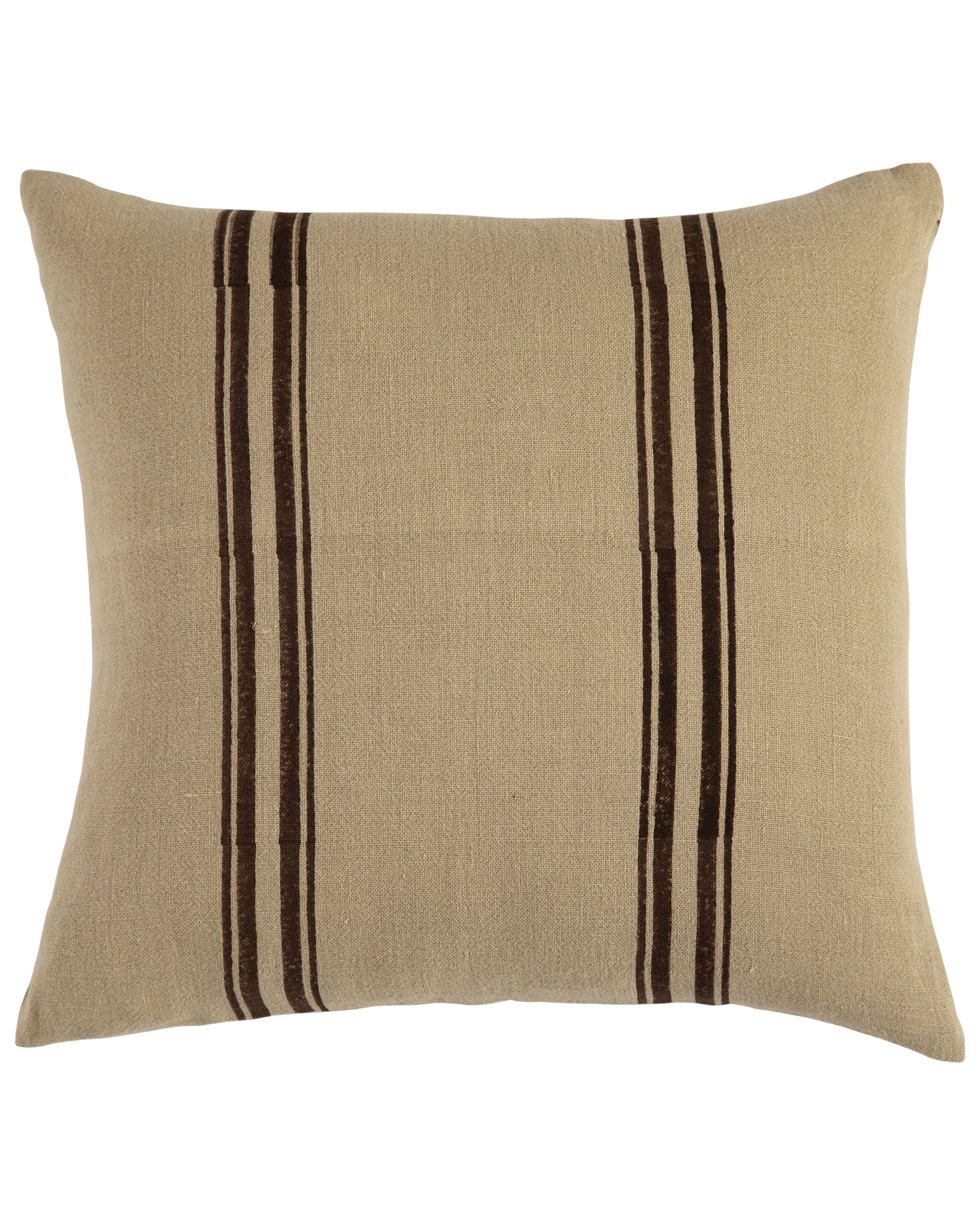 The Swanee Coco 22x22 by Filling Spaces LLC is a square beige pillow with three vertical dark brown stripes on the left side, made of textured linen fabric and featuring a discreet zipper for easy removal.
