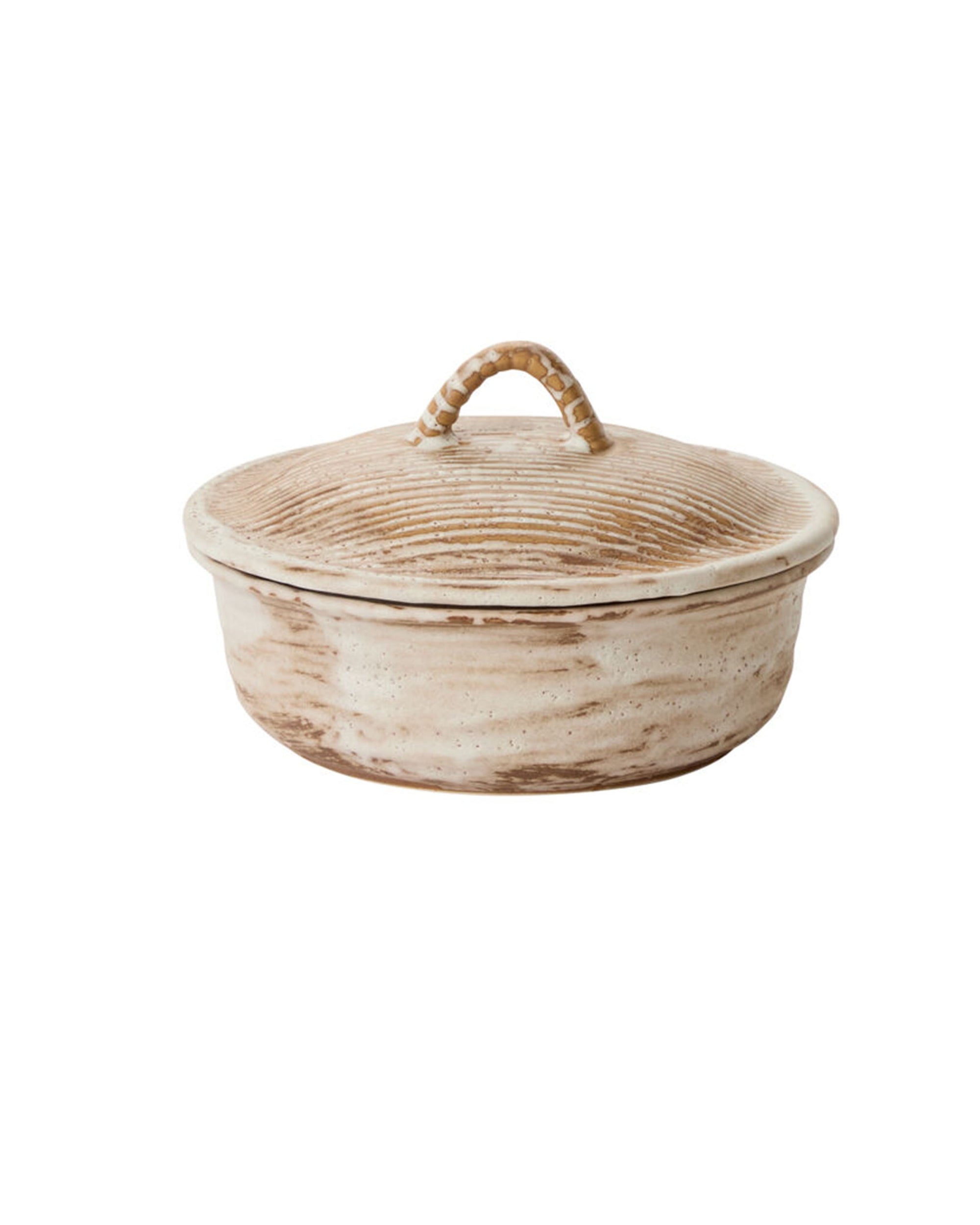 The Sycamore Lidded Dish by Accent Decor is a round, beige ceramic serving piece with a matching lid, textured handle, and rustic speckled finish—ideal for stylish presentation.