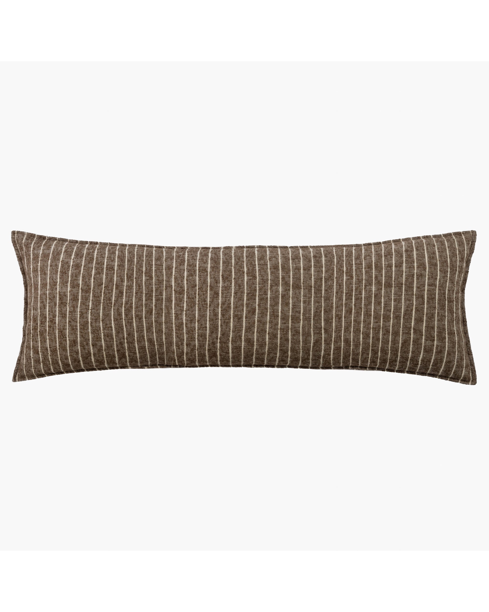 The Amity Home Bruno Sham Body Pillow features a long, rectangular shape in brown with thin, evenly spaced white vertical stripes on a plain white background.