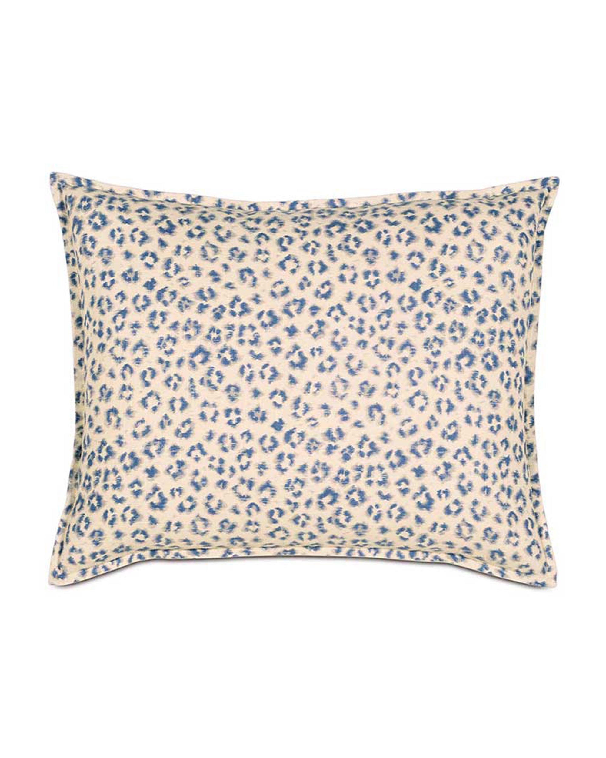 The Eastern Accents STN-399 Tabby Sapphire Sham is a square pillow with a beige background and blue-gray leopard print in a linen blend. Pillow insert is included.