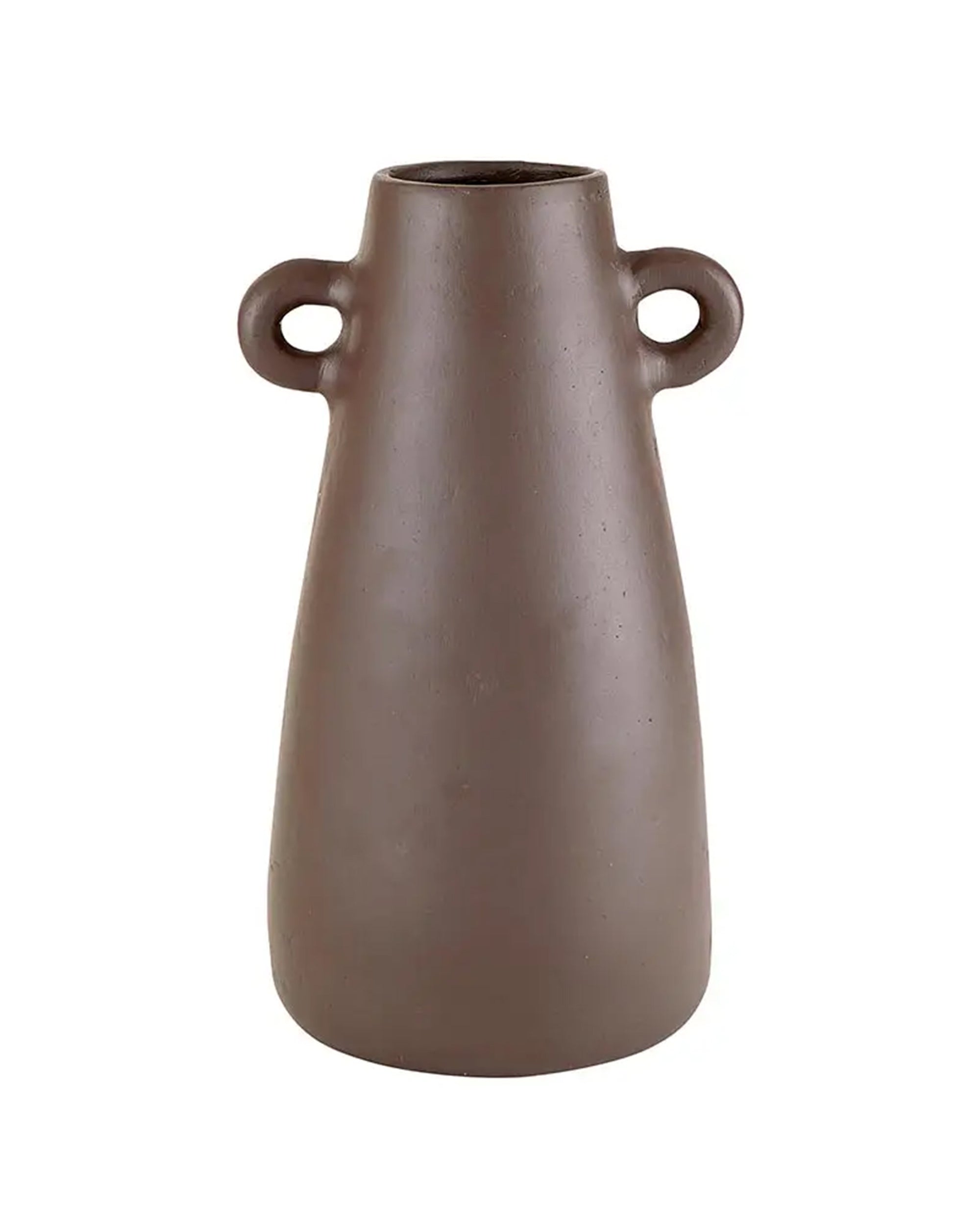 Tall brown paper mache vase with loop handles and narrow neck, matte finish by Faire for Bungalow Furniture.