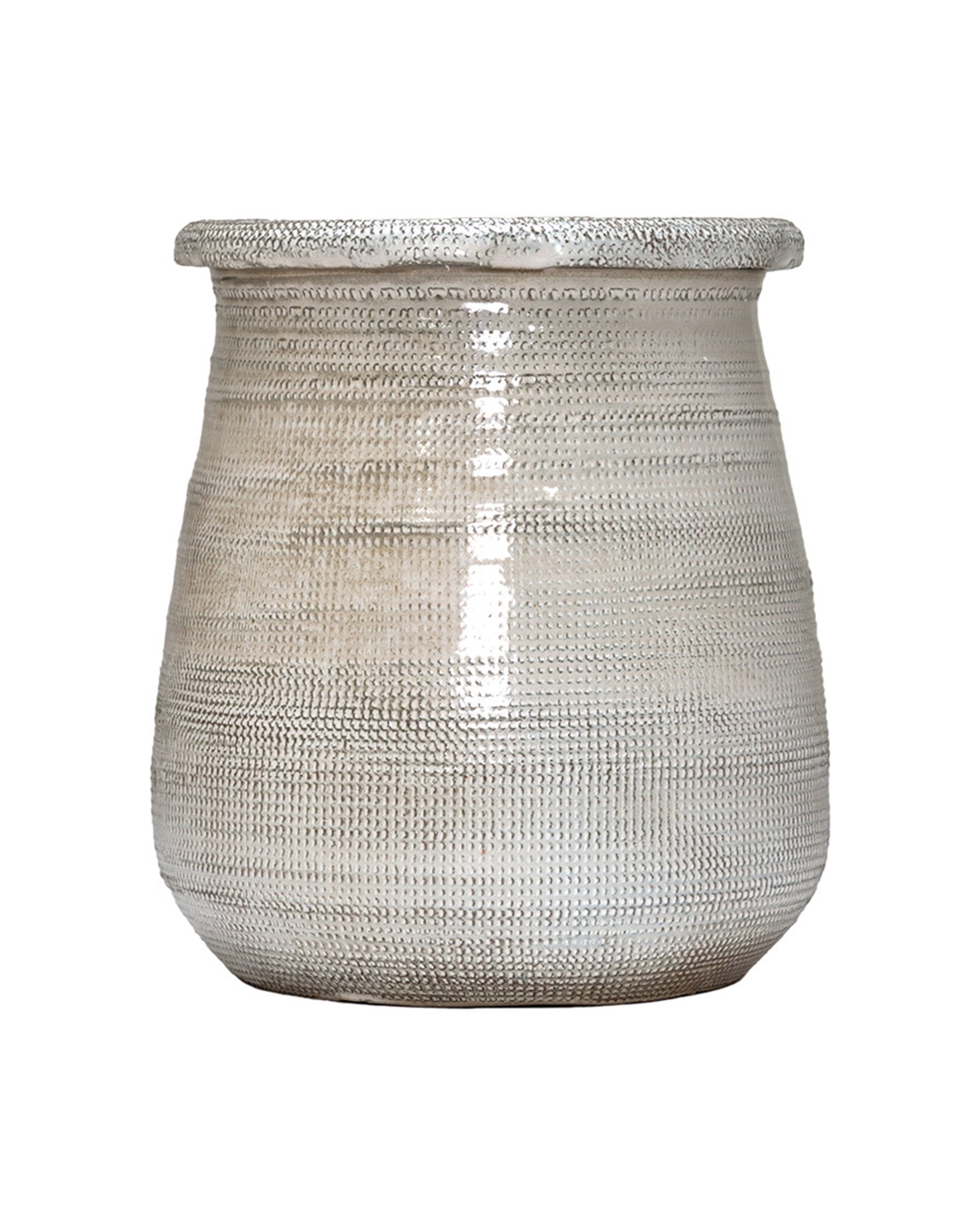 The Import Collection’s Elpine Tall Vase is a silver metallic table vase with a wide rim and textured, dotted surface that tapers at the top and bottom, shown against a plain white background.