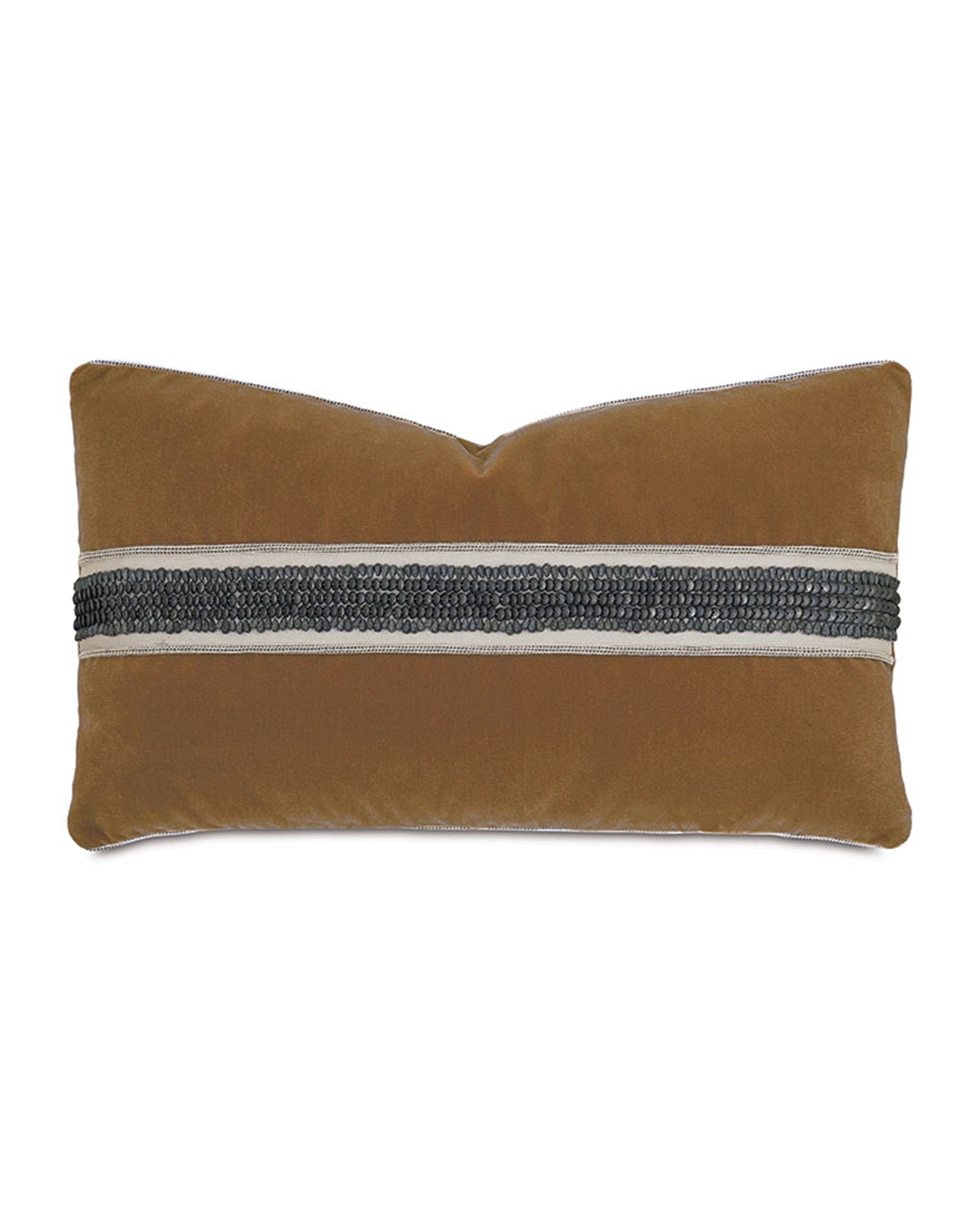 The TAOS FAUX MOHAIR pillow by Eastern Accents features a rectangular shape in brown velvet with a black and silver sequin stripe across the center, lending it luxe beaded trim appeal.
