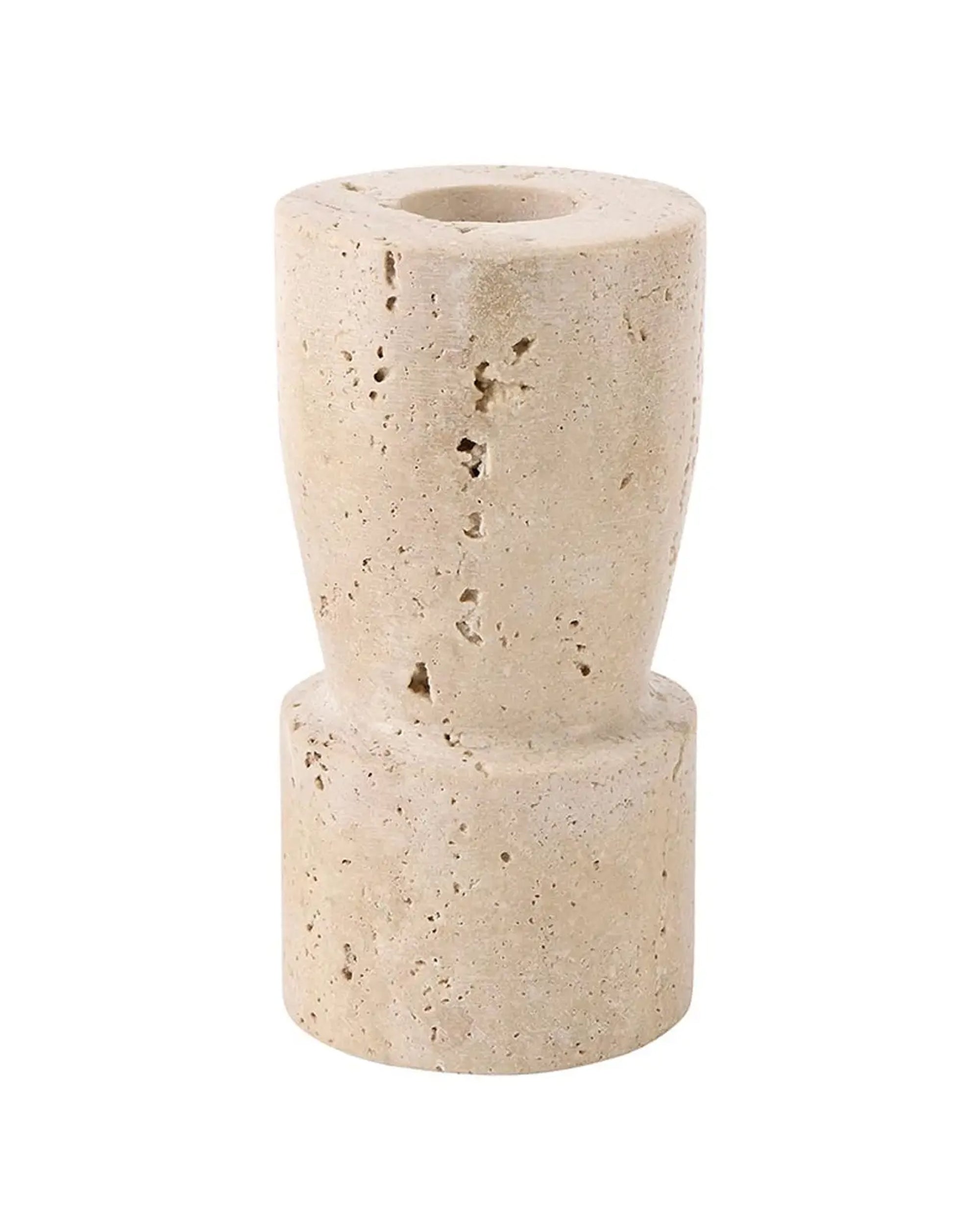The Faire Tall Travertine Marble Candle Holder features a simple, modern beige cylindrical design with natural pits and texture, plus a hollow center to hold a candle.