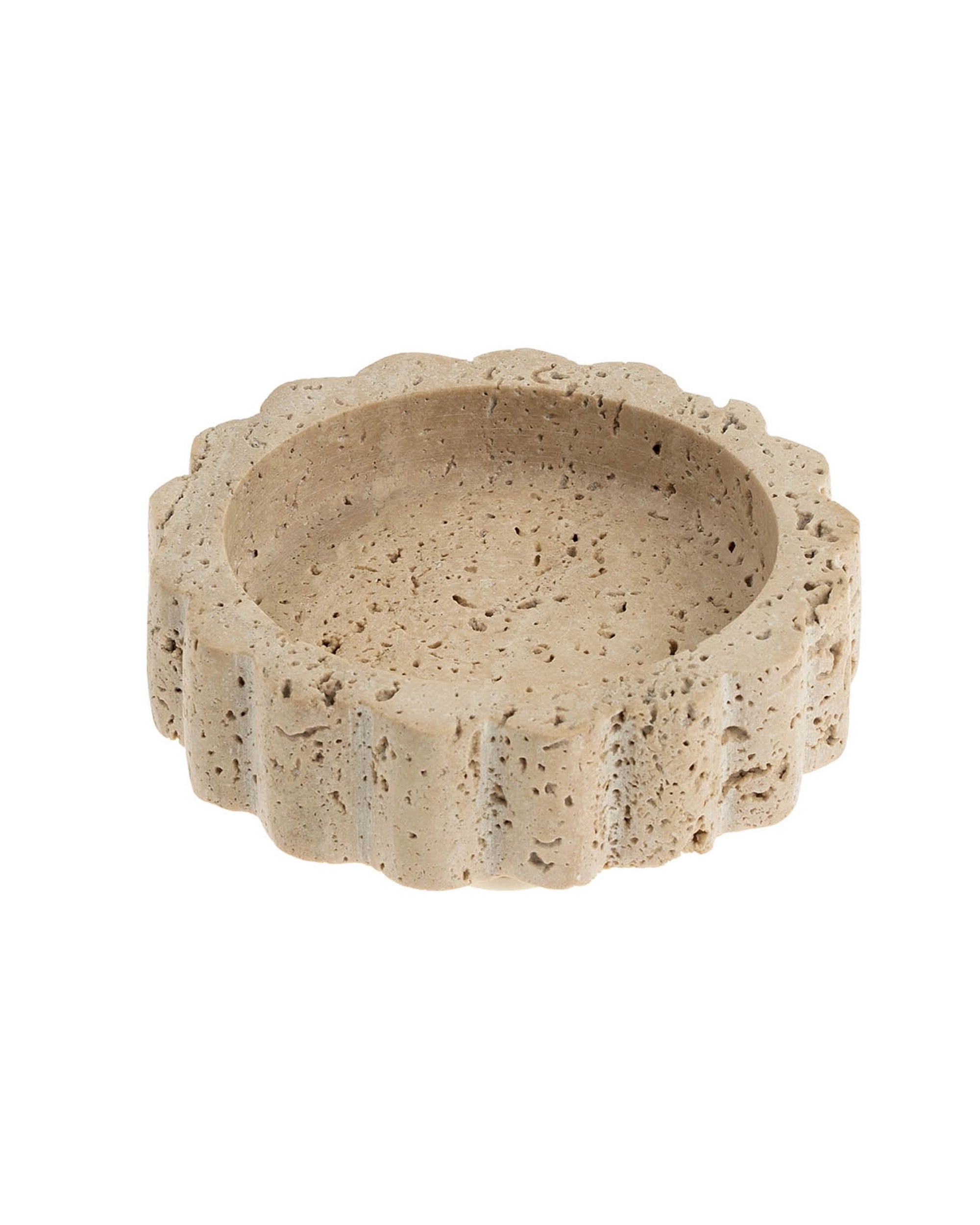 Small scalloped plate with textured, porous travertine finish by Indaba, perfect for decorative tabletops.