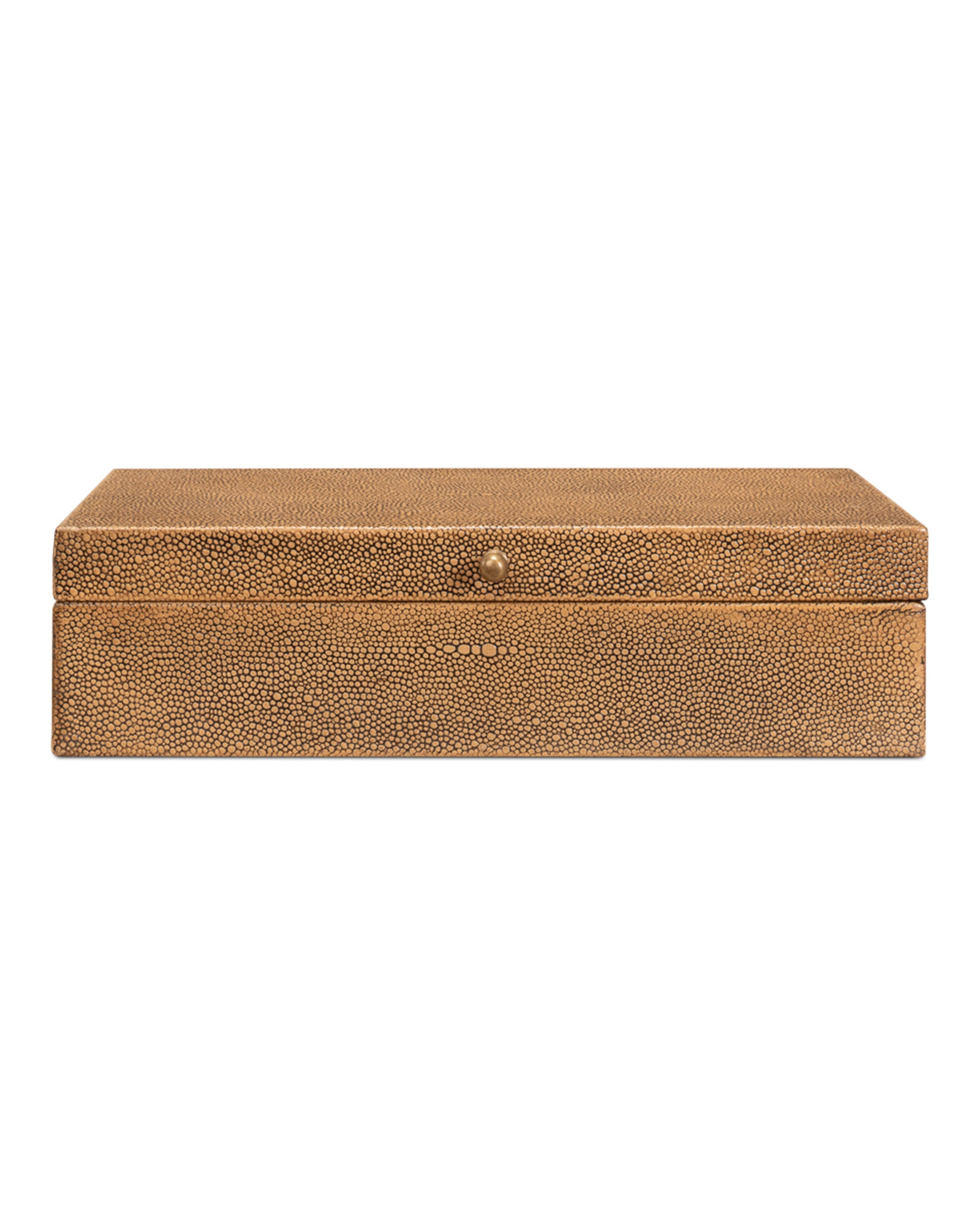 The Gatsburg Shagreen Box by Sarreid, in tawny brown leather with a textured finish, features a hinged lid and central round knob, embodying transitional elegance against a white backdrop.
