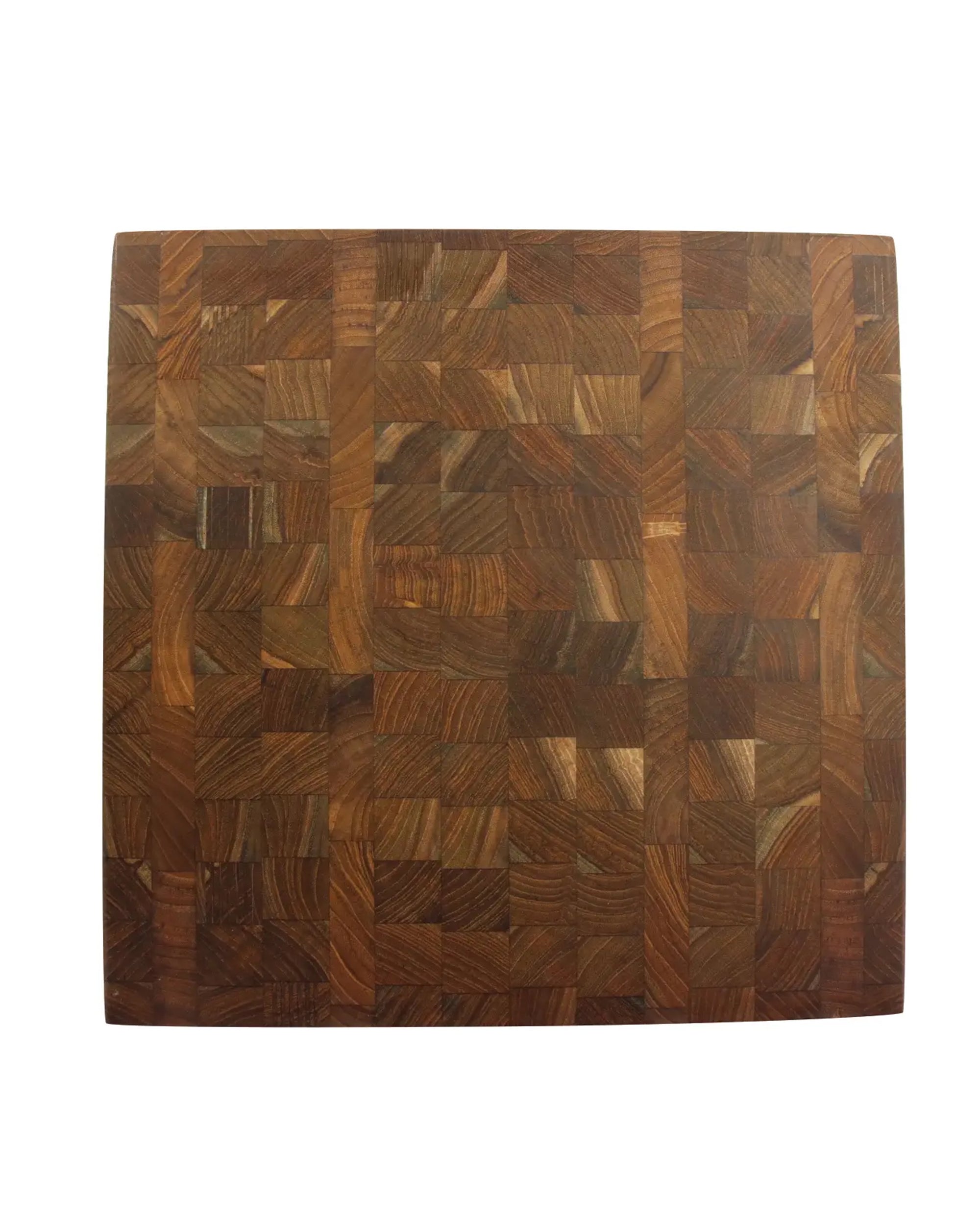 The Be Home Teak End Grain Chopping Block L is a square, handcrafted board with a checkered pattern, sustainably made from teak and shown from above on a white background.