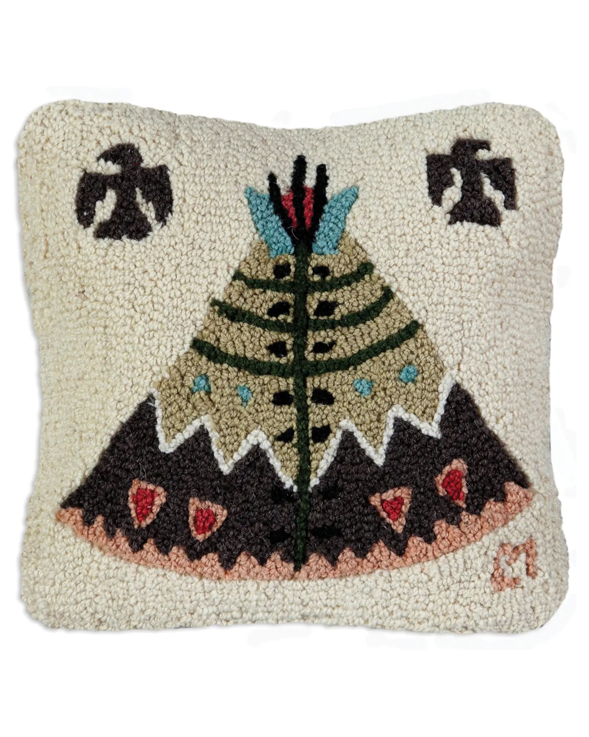 The C4C Teepee Decorative Pillow by Faire is a rectangular, cream wool pillow with a vibrant teepee and geometric patterns, two black birds, a textured background, and initials in the lower right corner.