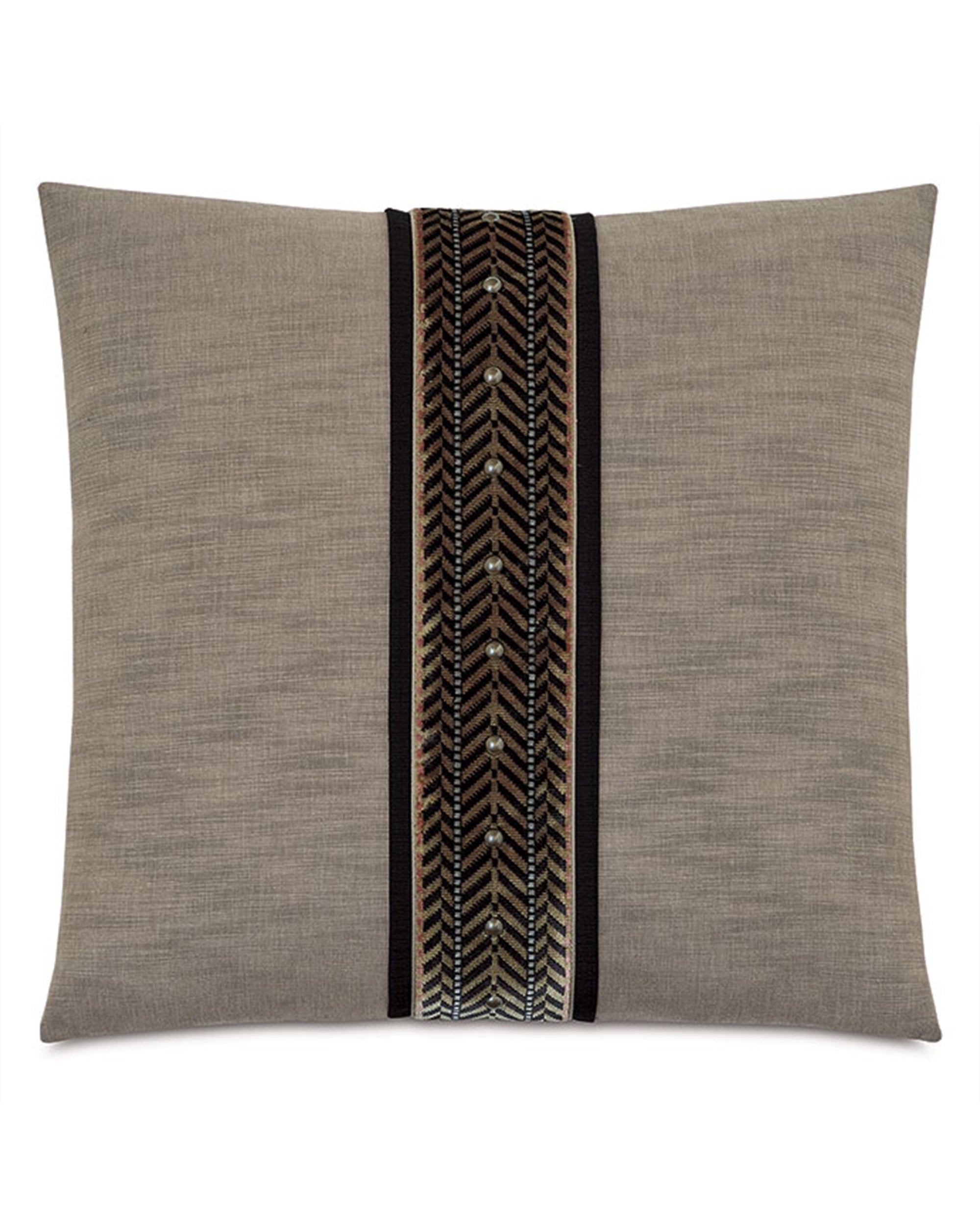The TAI-10 TALENA NAILHEADS pillow by Eastern Accents features neutral beige fabric, a central black stripe, and a detailed chevron border in brown, gold, and white.