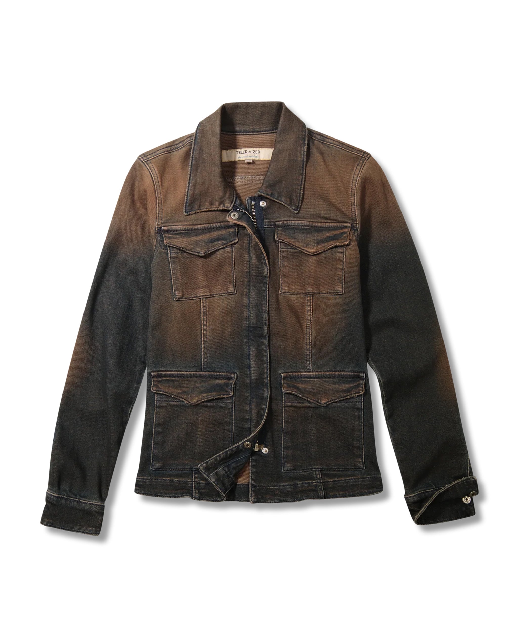 The Teleria Zed Teleria Ladies Jacket features a faded brown and black denim design, four front pockets, button closures, and a collar. Laid flat on a white background. See care instructions for gentle washing and storage.