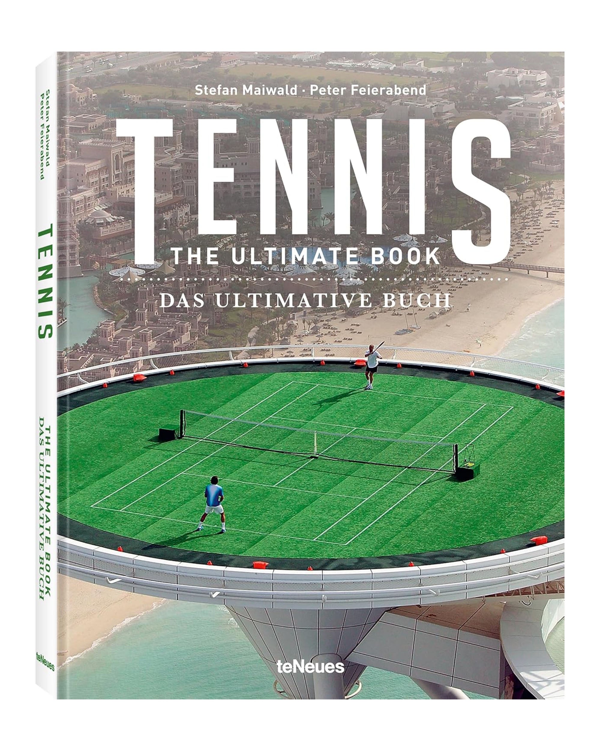 “Tennis The Ultimate Book” by Random House features a striking cover of two players on a round rooftop court above a coastal city, with the title in English and German—an eye-catching coffee table book for tennis fans.