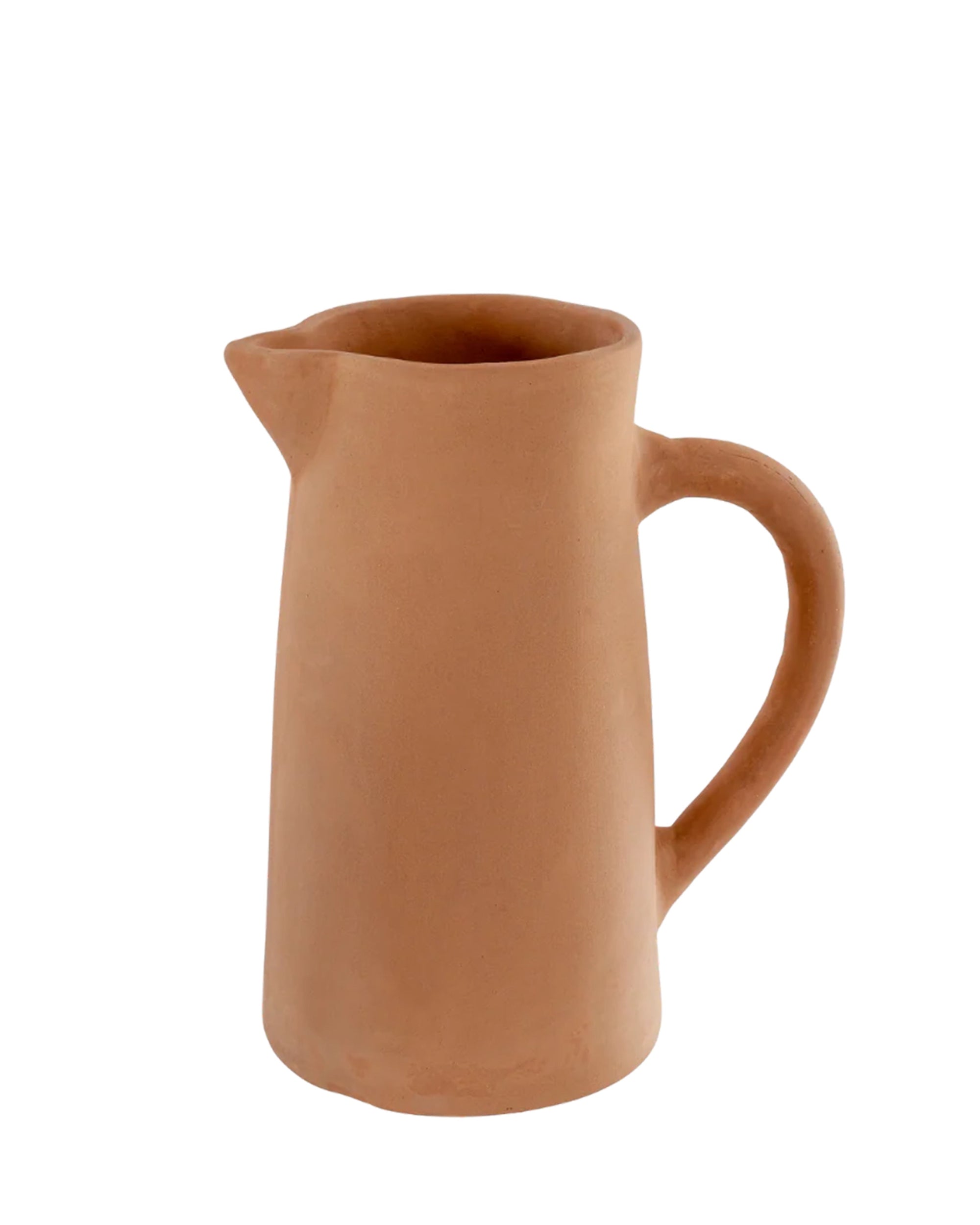 The Indaba 1-3843 Terra Pitcher L features unglazed terracotta with a curved handle and small spout, set against a plain white background—ideal as a decorative accent or vase for dried flowers.