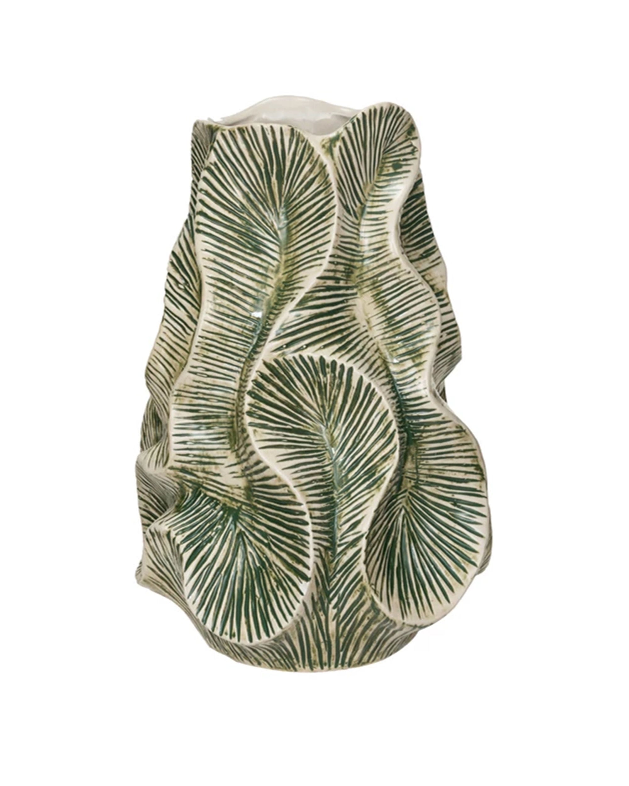 The Green Floral Texture Vase by Bloomingville is a round stone vase with a wavy, textured surface and an embossed green and white palm leaf pattern, making it a striking decorative accent for any space.