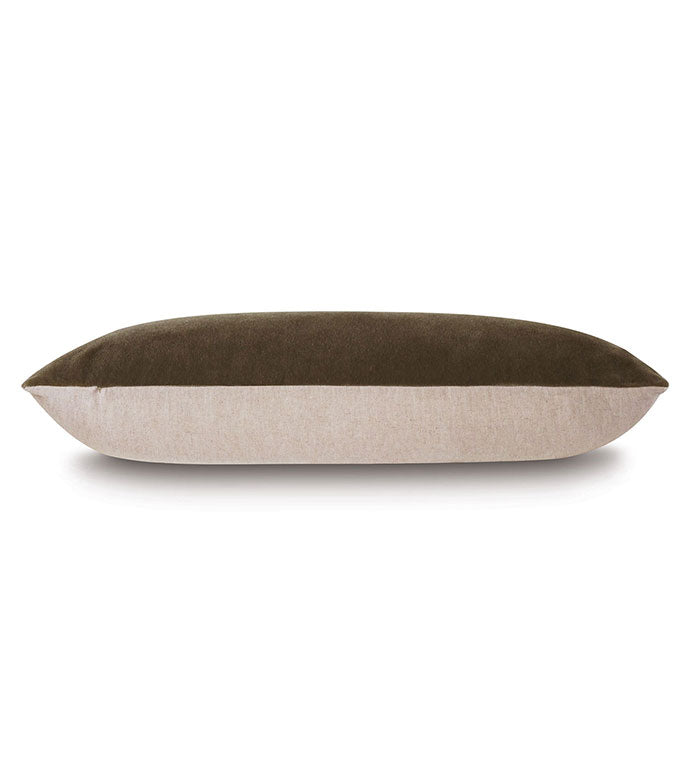 The Trillium Mohar 13X36 by Eastern Accents is a rectangular pillow in dark olive green and light beige mohair, shown side view on a white background.