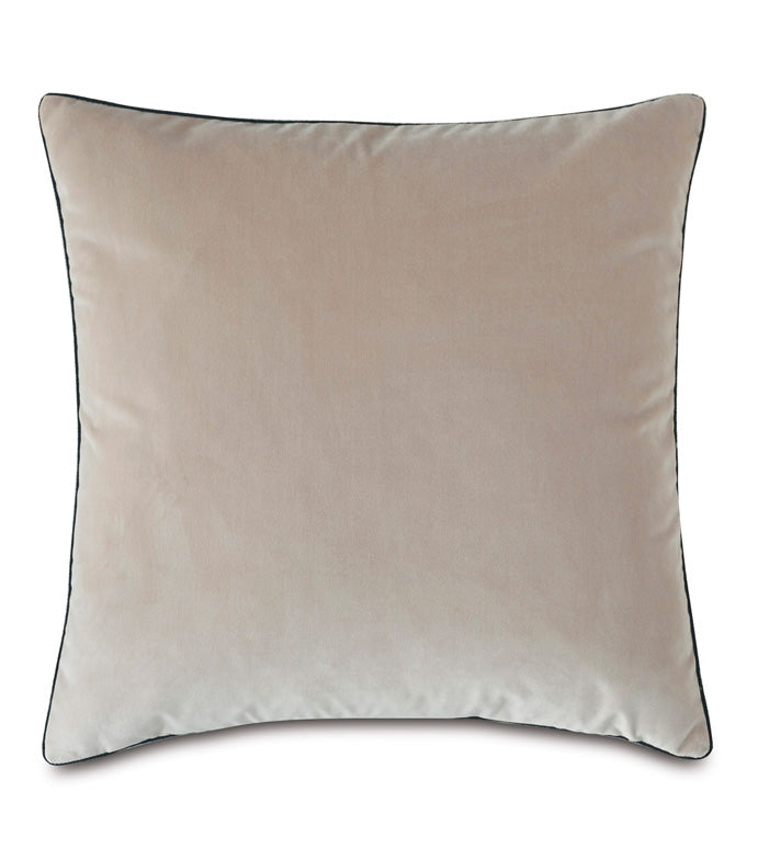 A plain, taupe-colored pillow with a glossy finish and a thin black border, displayed in an Eastern Accents Scottsdale Arizona bungalow.