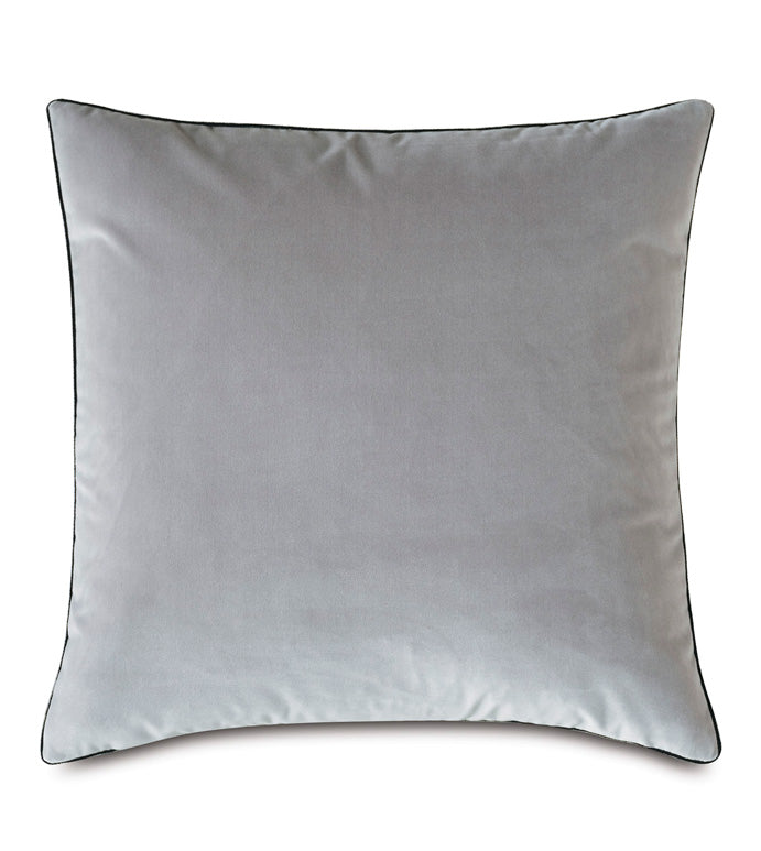 The ROWLEY WOVEN TEAL by Eastern Accents is a square decorative pillow in light gray with a smooth texture and thin dark piping, shown against a white background.
