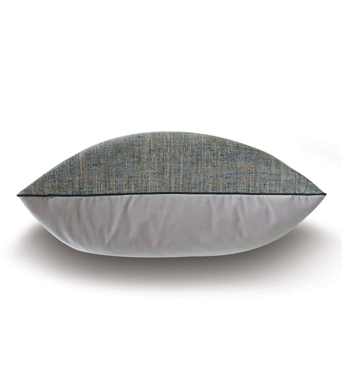 The ROWLEY WOVEN TEAL decorative pillow by Eastern Accents features a multicolored design with textured blue-gray velvet on the top half and smooth light gray fabric on the bottom, displayed against a white background.