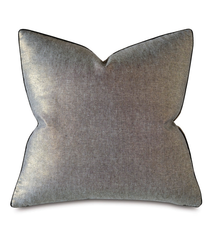 A gray decorative Leonis Linen 22x22&quot; throw pillow with a unique butterfly shape, featuring a subtle sheen and a smooth texture. Isolated on a white background in a Scottsdale Arizona bungalow. (Brand Name: Eastern Accents)