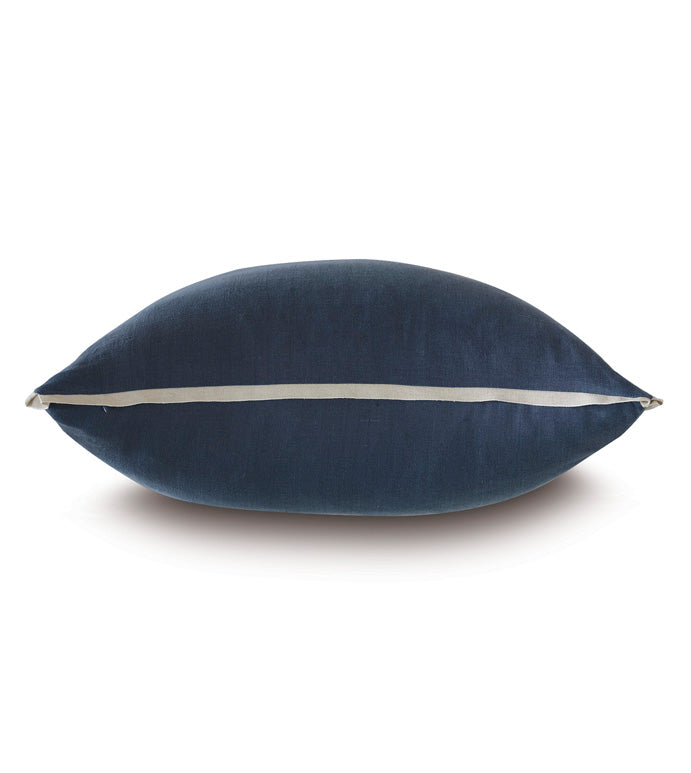 Indigo blue rectangular linen pillow with white zipper seam, Eastern Accents Lodi collection, insert included.