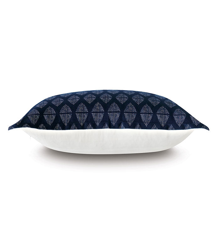 The BRIDGEHAMPTON STANDARD by Eastern Accents is a rectangular blue sham pillow with a white bottom half, navy blue top featuring a geometric diamond pattern in lighter blue tones, and a convenient zipper closure.