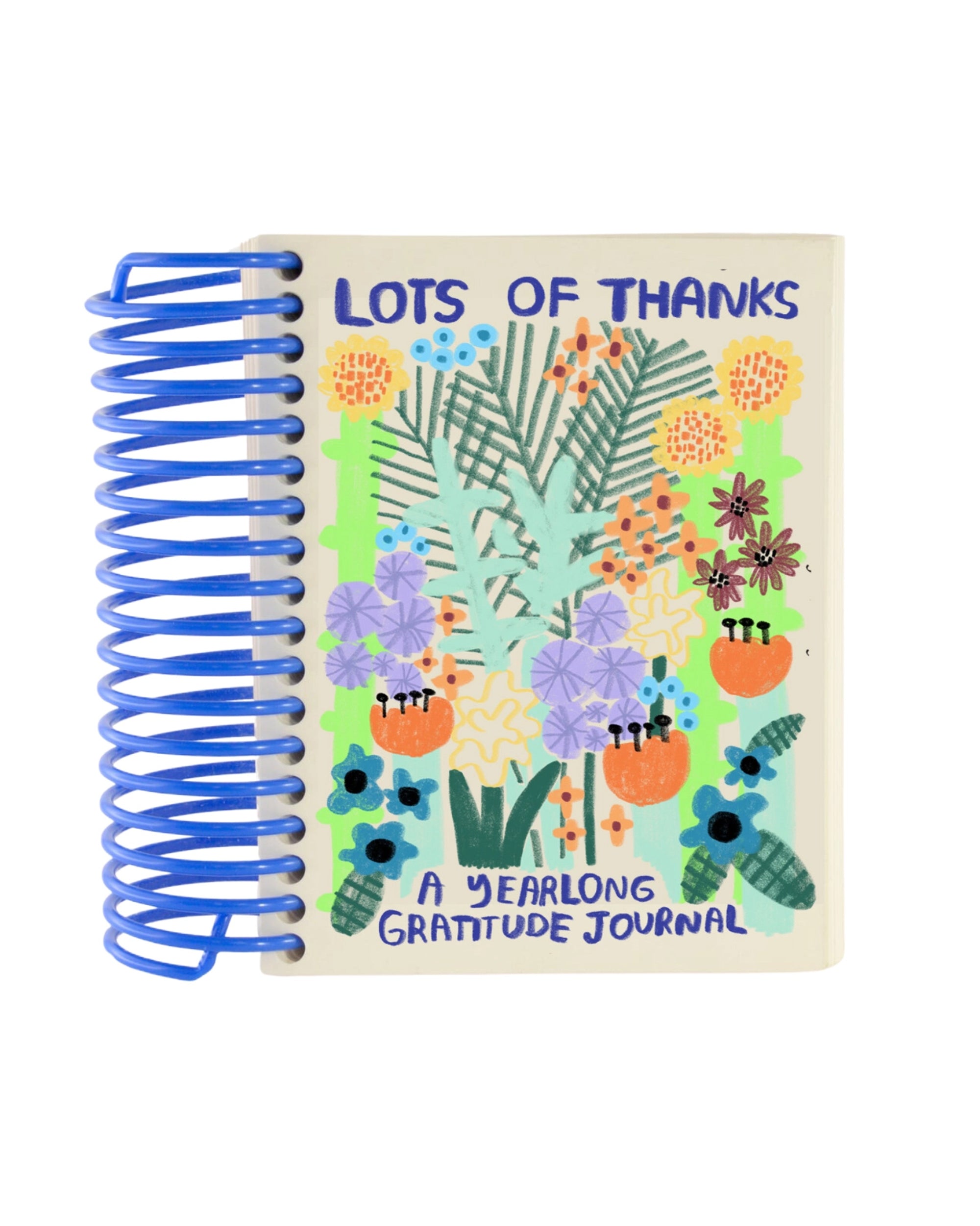 The Faire Gratitude Journal features a blue spiral binding, illustrated flowers and leaves on the cover, and is made in the USA.