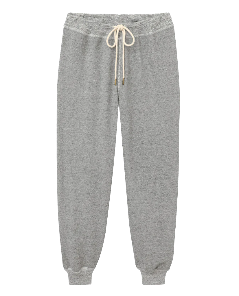 The Great Inc. Cropped Sweat Pant in gray, made from washed cotton terry, features an elastic waistband with a white drawstring and elastic ankle cuffs. Shown on a plain white background, showcasing handcrafted Los Angeles quality in every detail.