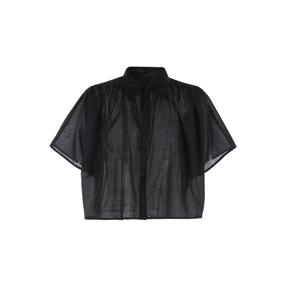 The Hayden Shirt by THE SHIRT is a black, short-sleeve, button-up sheer blouse with a collar and loose fit, made from lightweight cotton voile, shown on a white background.