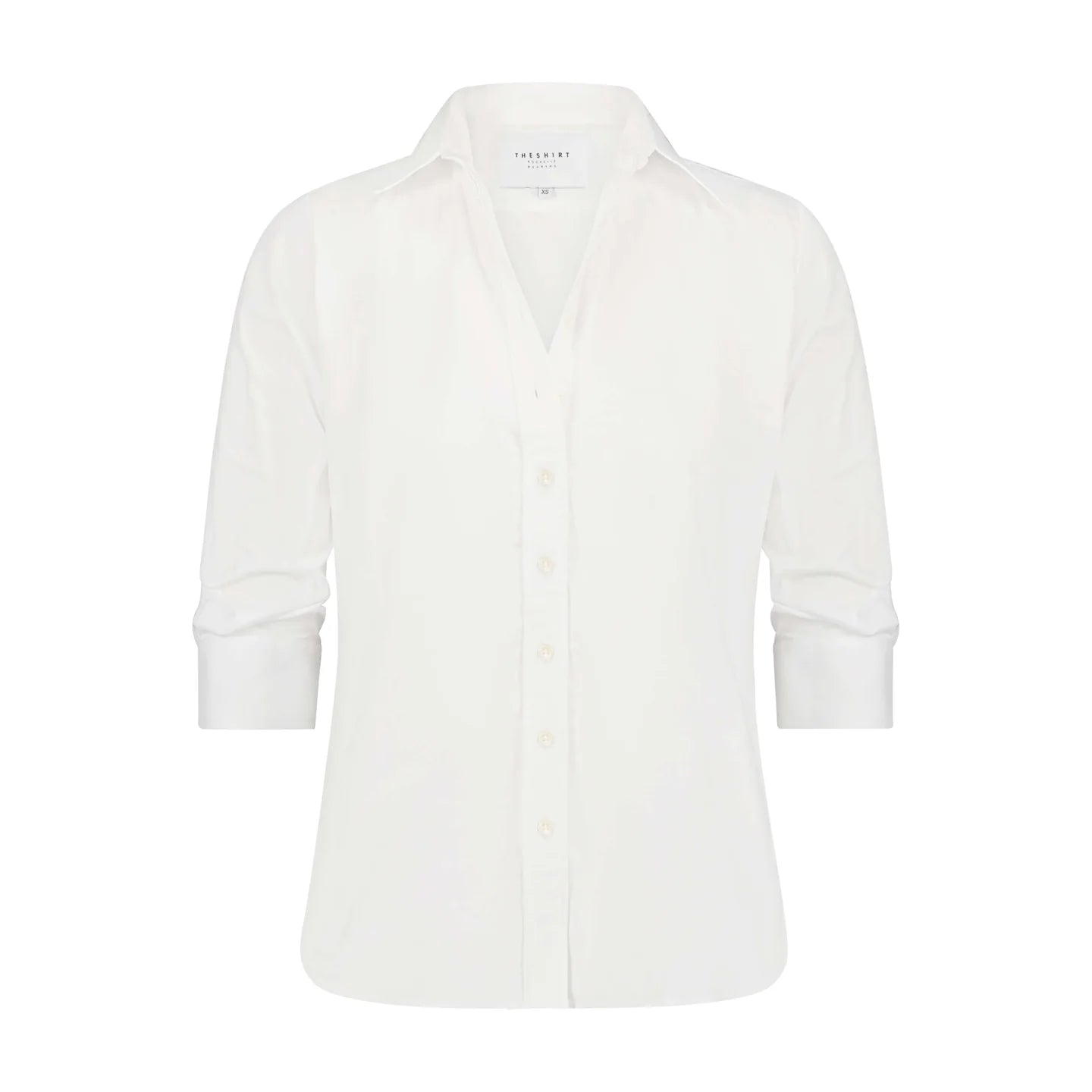 White fitted collared shirt with 3/4 sleeves and No Gape buttons, Bungalow Essentials Icon Shirt on white background.
